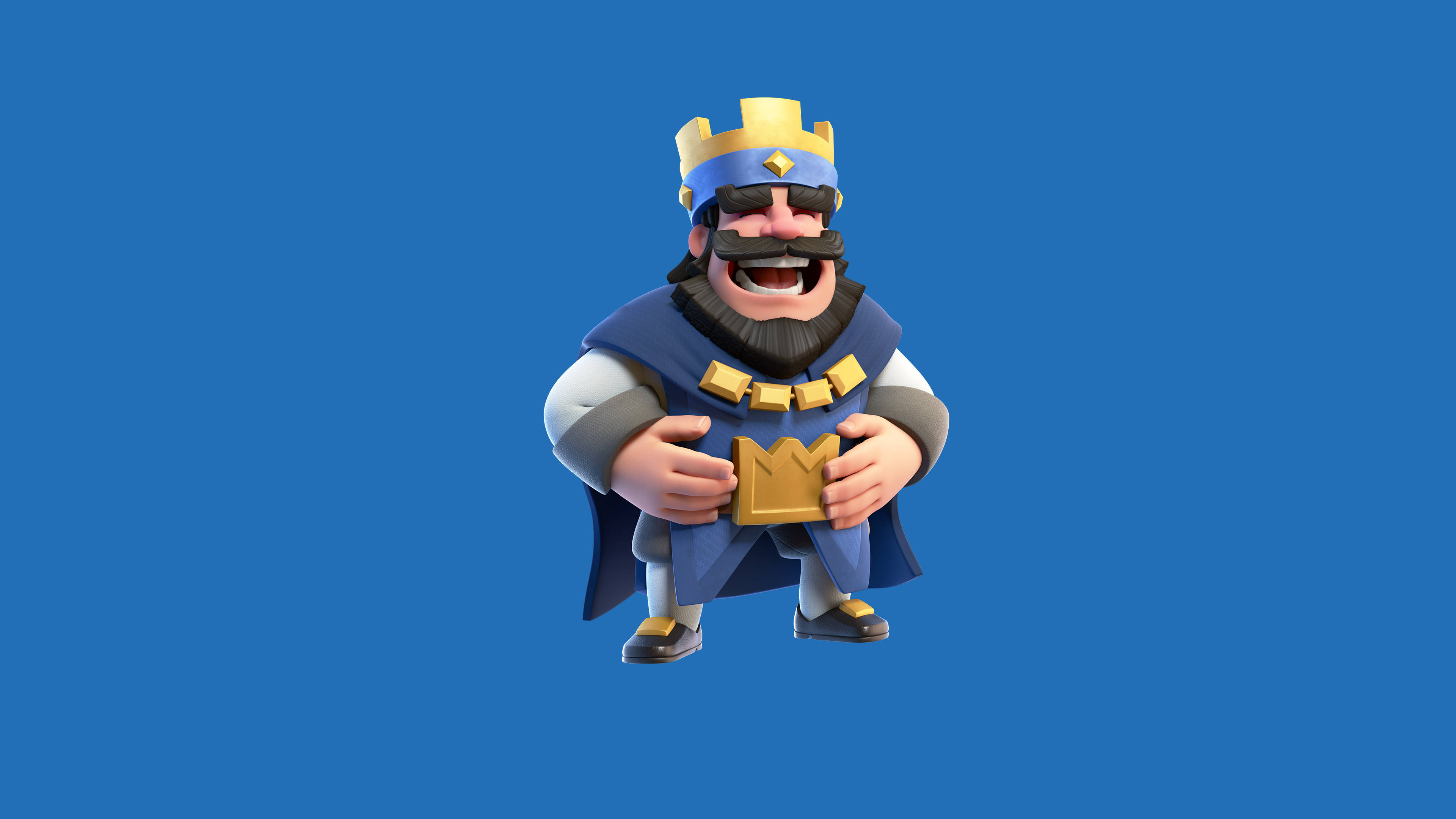 Clash Royale 桌布 壁紙 — 一個戴著藍色王冠和披風的快樂卡通國王，在純藍色背景上拿著一個金色王冠。