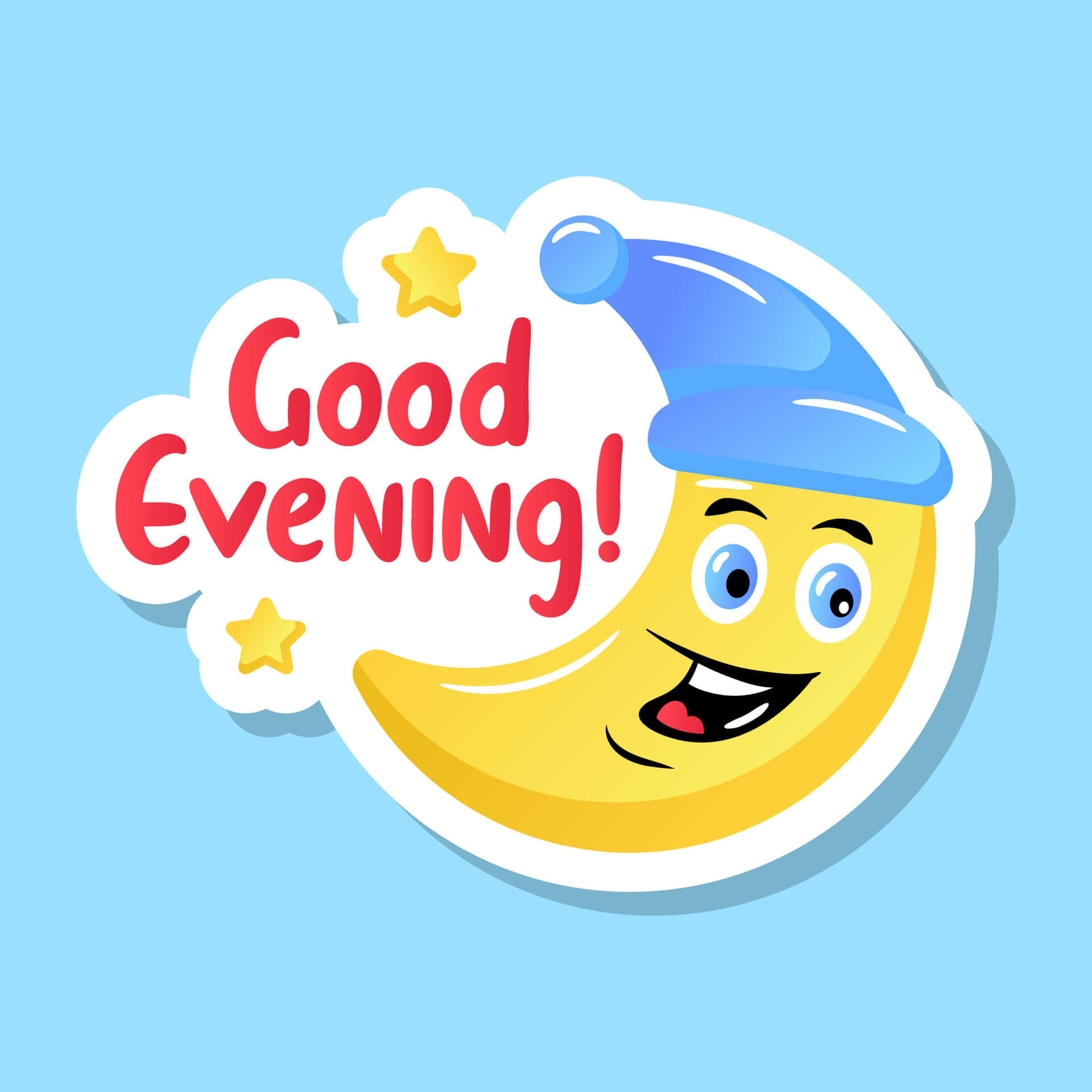 Good Evening 桌布 壁紙 — 一個戴著藍色睡帽的開心卡通新月，旁邊有一個寫著「晚安！」的對話框和黃色星星。
