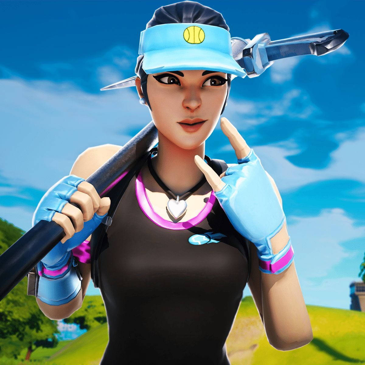 電玩遊戲 桌布 壁紙 — 一個戴著藍色護目鏡和手套的Fortnite角色，在明亮的藍天和綠色山丘背景下拿著鎬。