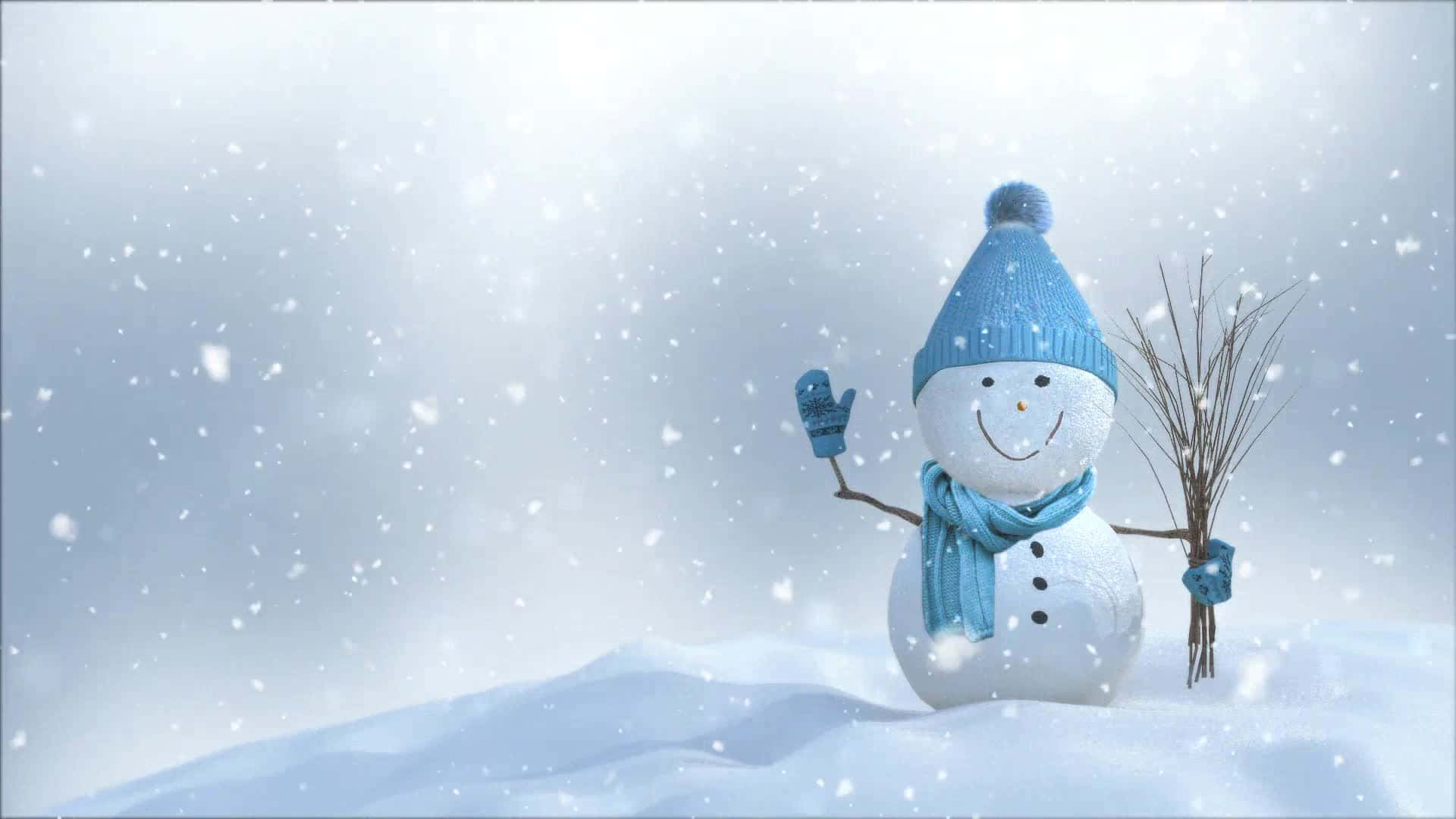 Snowing 桌布 壁紙 — 一個戴著藍色針織帽和圍巾的快樂雪人在雪花飄落的雪白冬日場景中揮手。