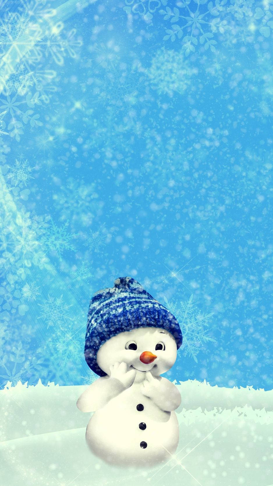 可愛的雪 桌布 壁紙 — 一個戴著藍色針織帽的快樂雪人站在雪地上，背景是明亮的藍天和飄落的雪花。
