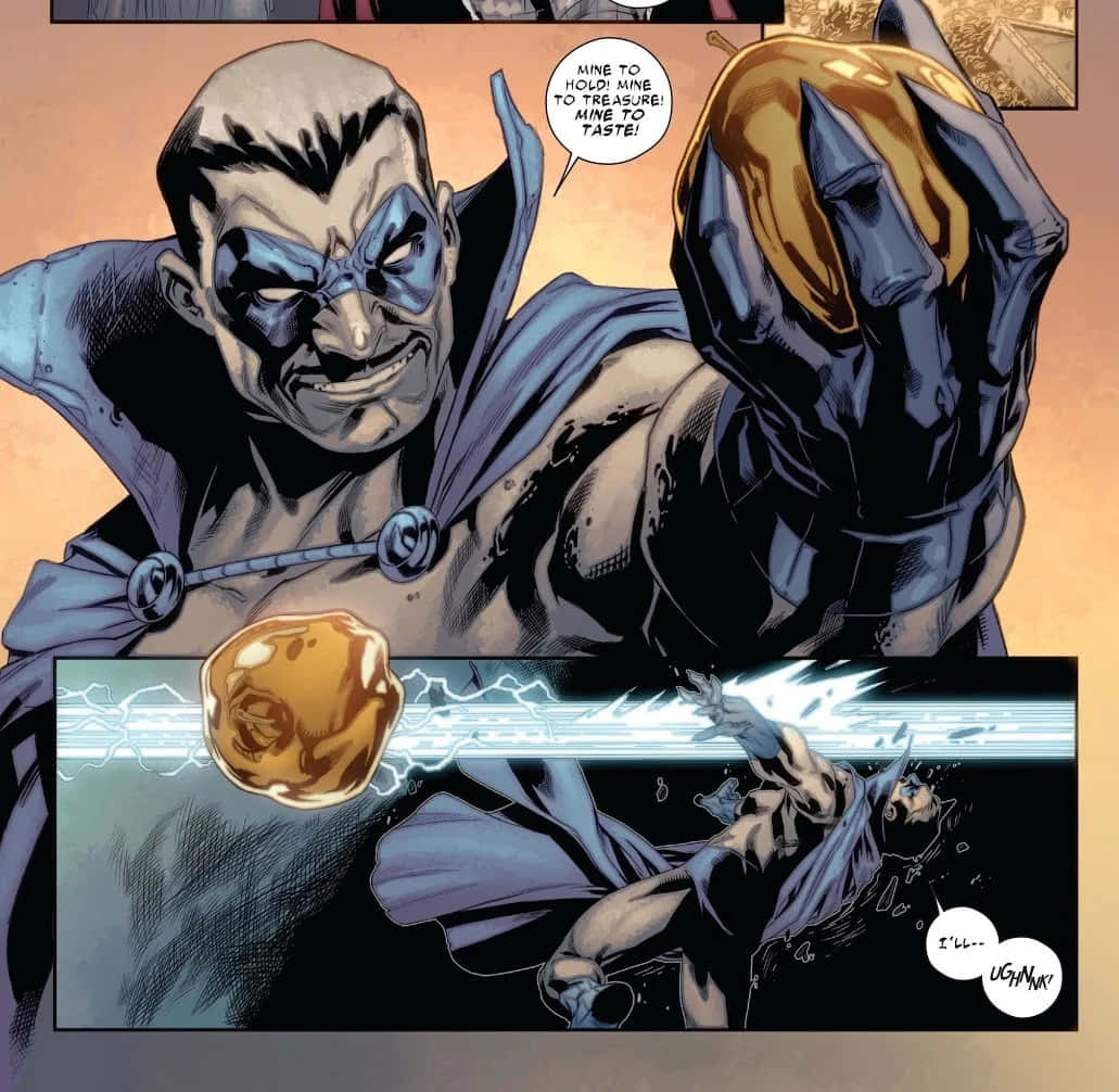 Iron Man Villains 桌布 壁紙 — 一個戴著藍色面具和披風的漫畫反派，正拿著發光球體在一個被打敗的英雄上方得意洋洋。