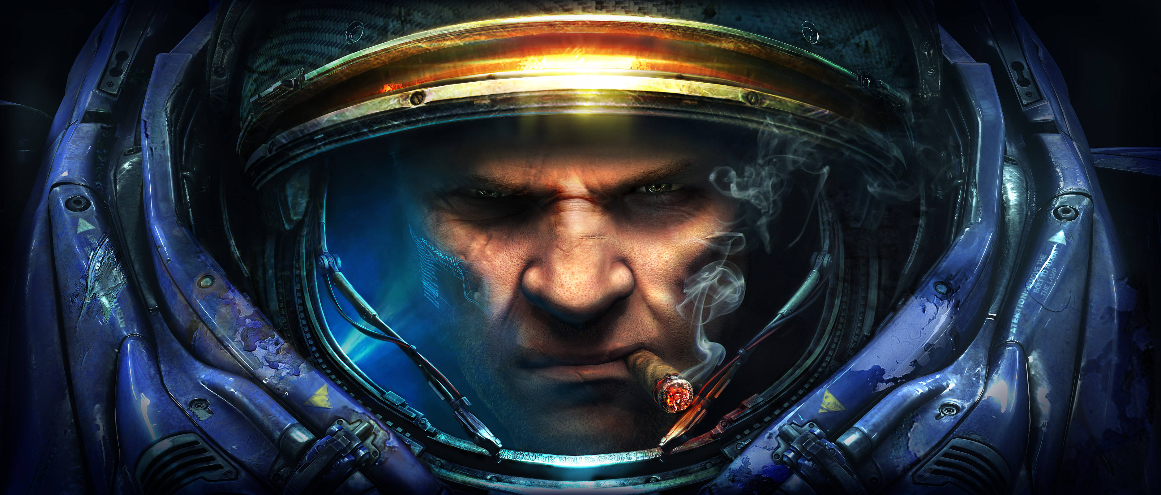 Starcraft 2 桌布 壁紙 — 一個戴著藍色頭盔的陰沉太空人在黑暗的宇宙背景下抽雪茄，煙霧向上盤旋。