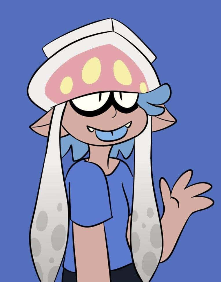 Splatoon 桌布 壁紙 — 一個戴著蘑菇帽的開心卡通魷魚角色，在純藍色背景上開心地揮手。