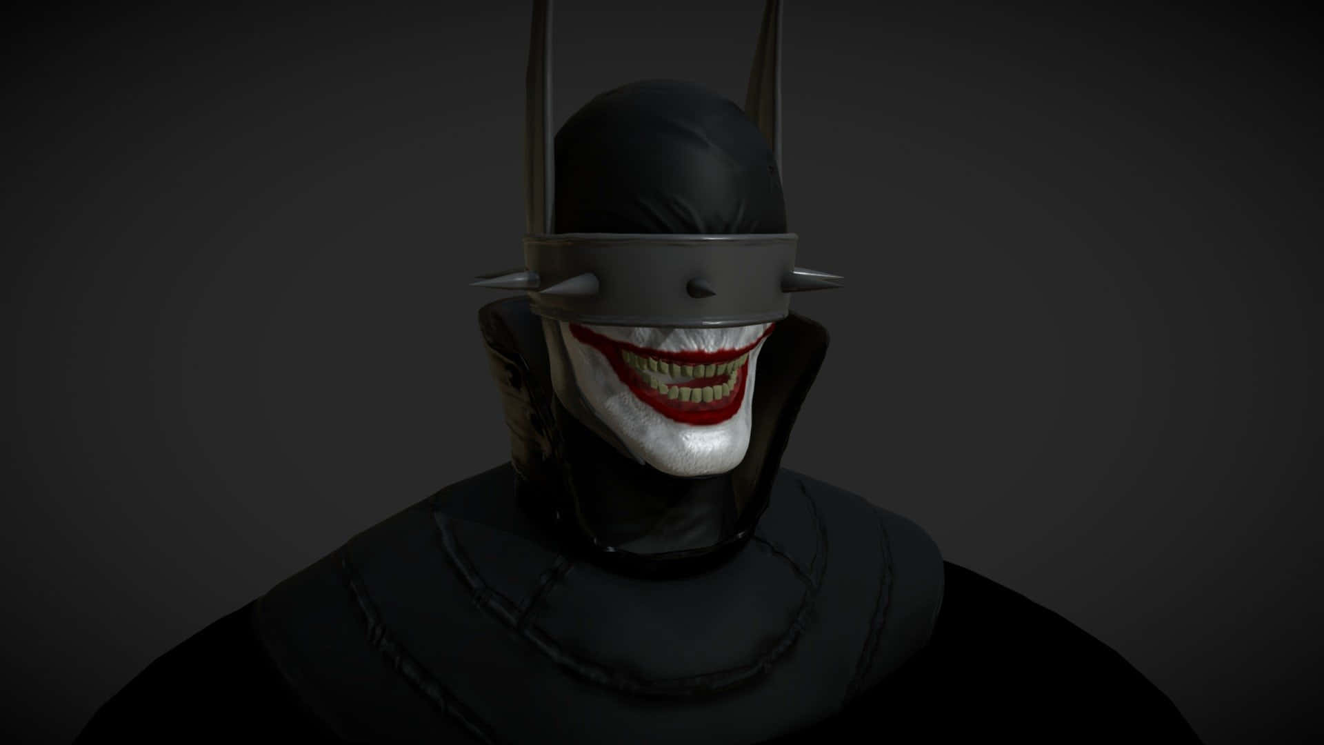 The Batman Who Laughs 桌布 壁紙 — 一個戴著蝙蝠俠頭罩、融合小丑標誌性笑容的威脅性人物，在深色漸變背景前。