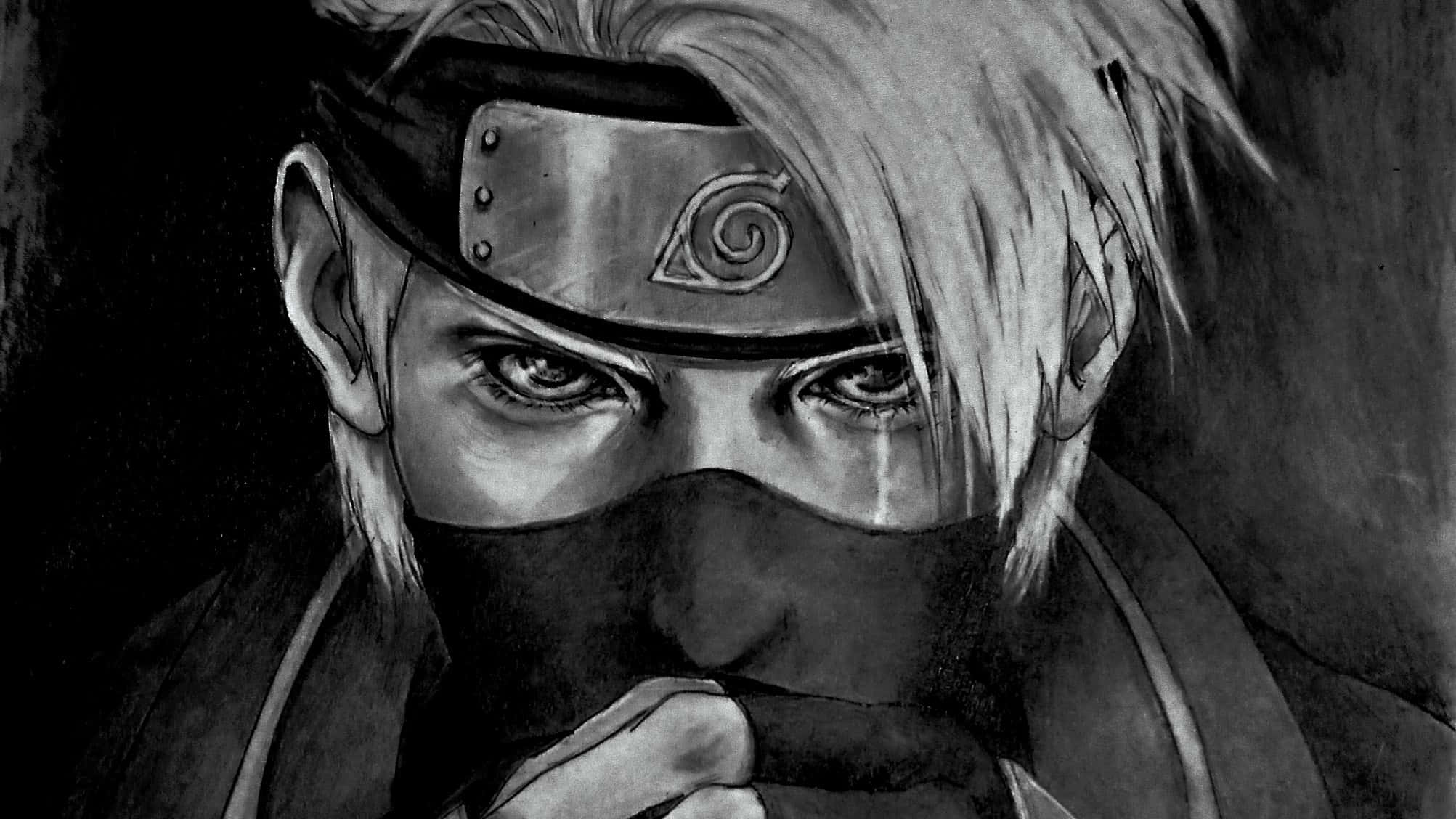 Naruto Black And White 桌布 壁紙 — 一個戴著螺旋標誌頭帶的蒙面忍者的單色動漫肖像，眼神銳利。