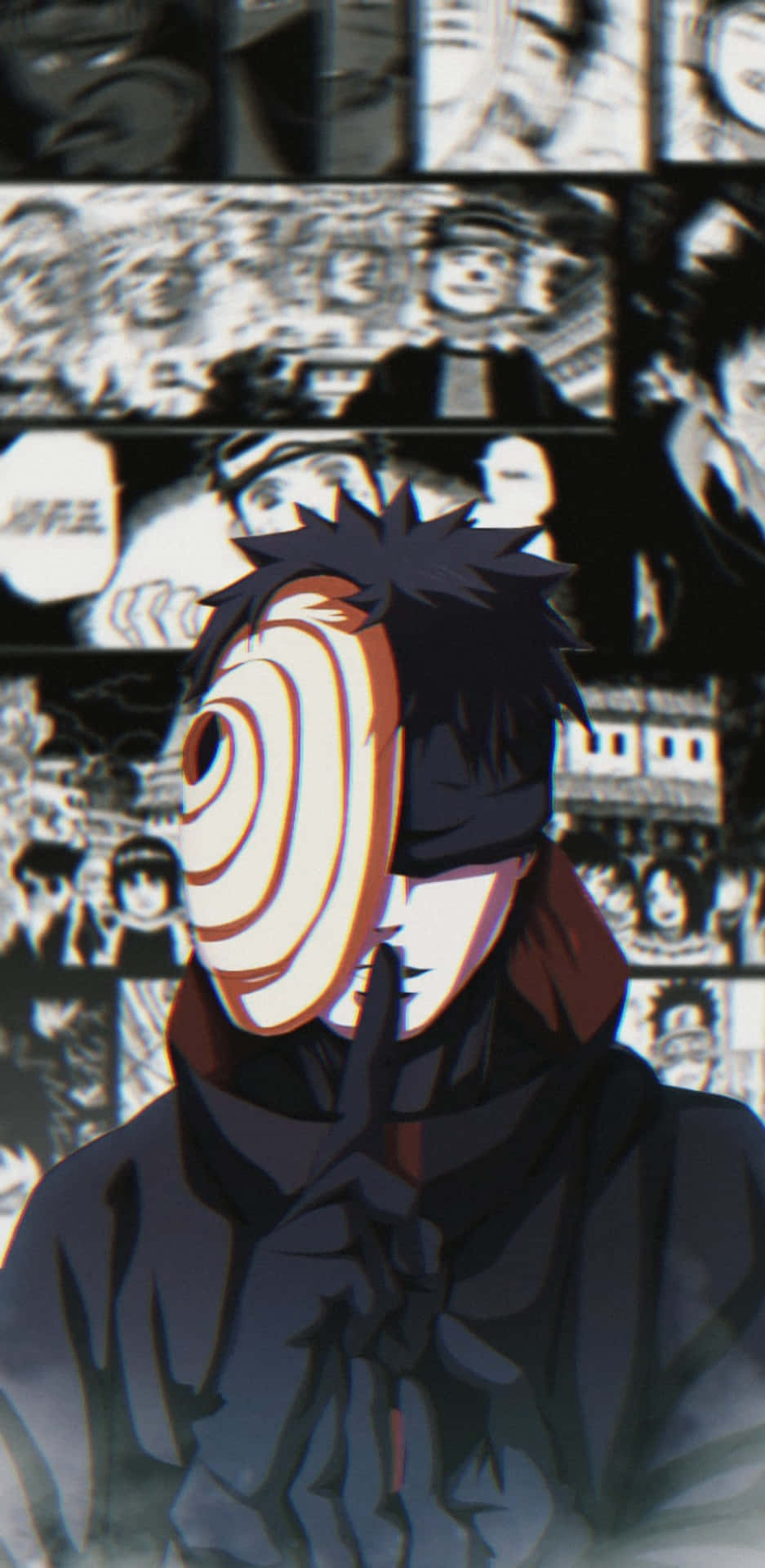 Akatsuki Tobi 桌布 壁紙 — 一個戴著螺旋面具的動漫角色，站在黑白漫畫面板拼貼畫前。