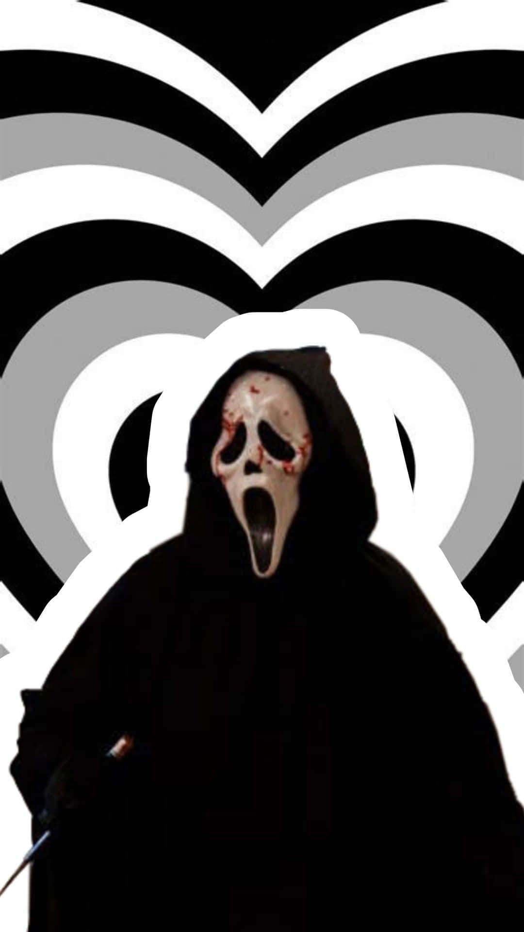 Cute Ghost 桌布 壁紙 — 一個戴著血跡斑斑面具的鬼面殺手，站在一個催眠般的黑白灰同心心形圖案前。