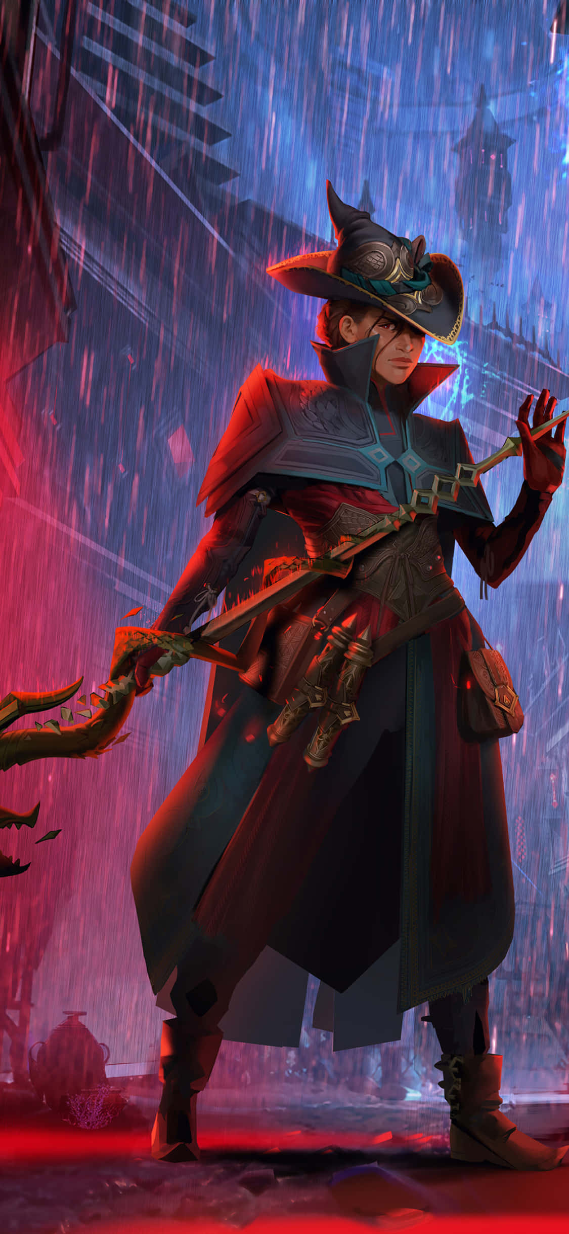 iPhone Xs Dragon Age Inquisition 桌布 壁紙 — 一個戴著角帽的兜帽戰士站在霓虹燈閃爍、雨水浸濕的小巷中，手持發光武器。