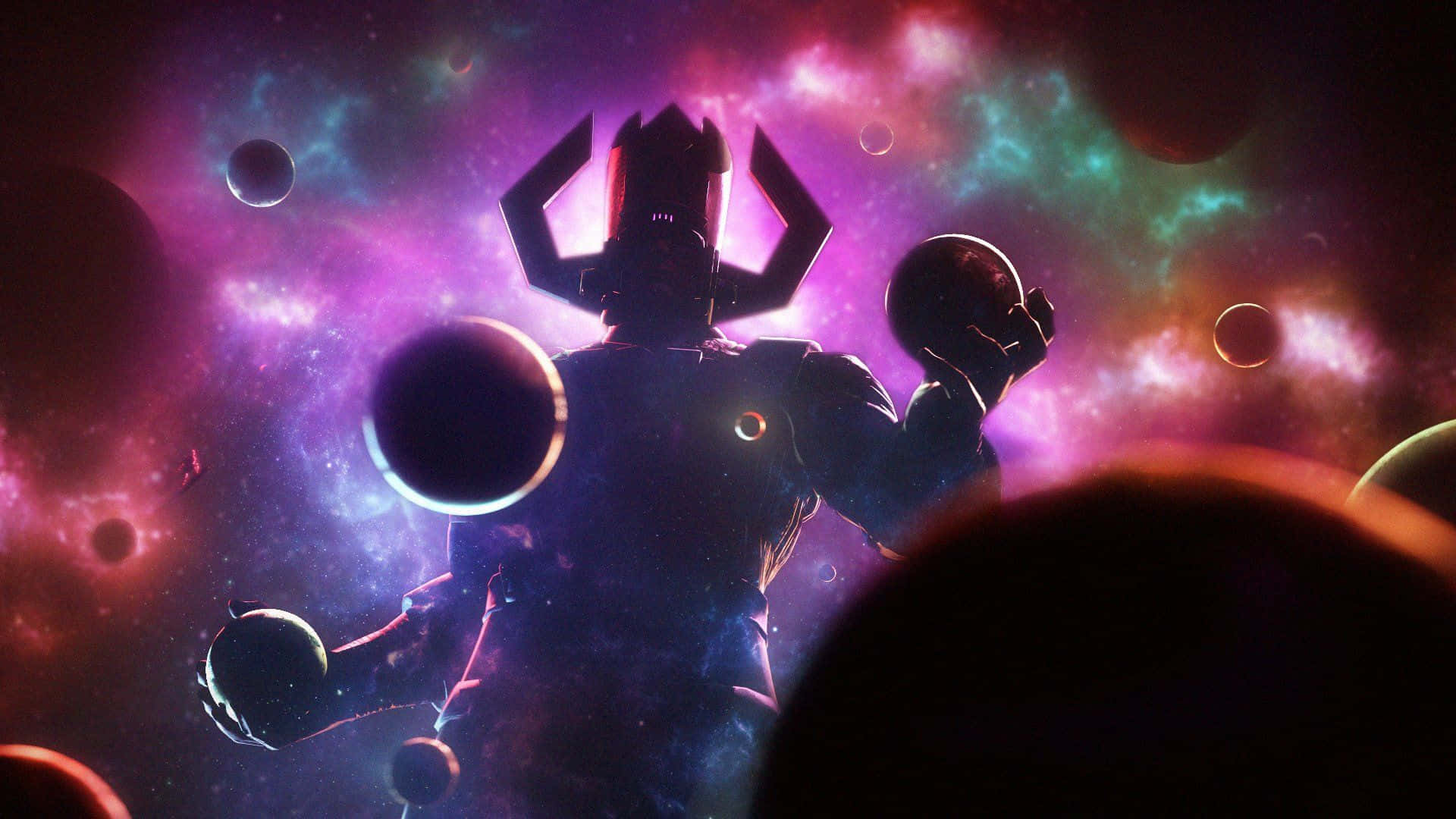 Galactus 桌布 壁紙 — 一個戴著角狀頭盔的宇宙人物，在色彩繽紛的星雲背景下呈現剪影，手持漂浮球體，周圍有行星環繞。