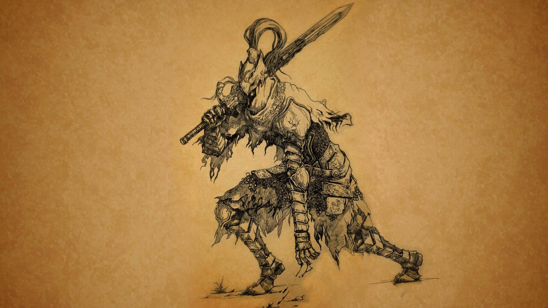 Artorias The Abysswalker 桌布 壁紙 — 一個戴著角盔、手持劍的兇猛裝甲戰士，在陳舊的羊皮紙上擺出動態的戰鬥姿勢。