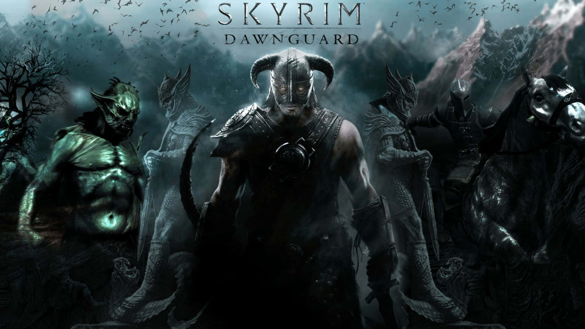 Skyrim Dawnguard 桌布 壁紙 — 一個戴著角盔的黑暗奇幻戰士在風暴山景中與陰影盟友一起威嚇地站立。