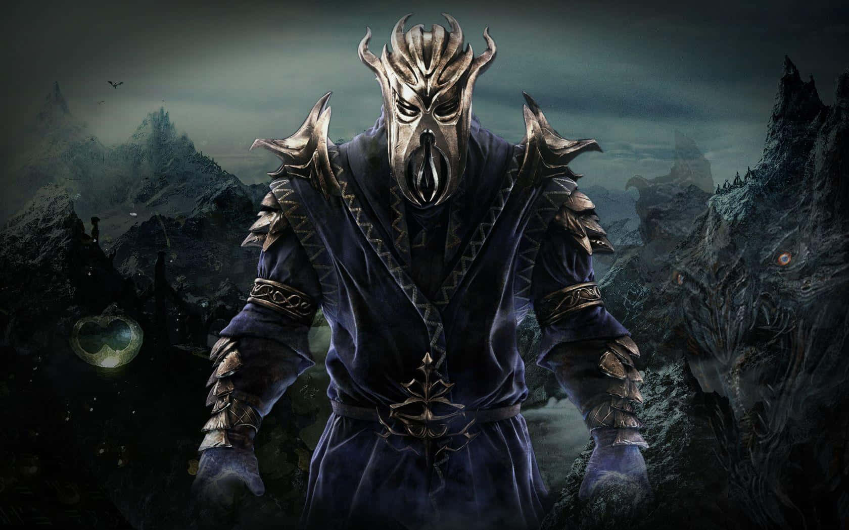 Skyrim Dragonborn 桌布 壁紙 — 一個戴著角面具的威嚇裝甲人物，站在陰暗天空下的黑暗山景中。