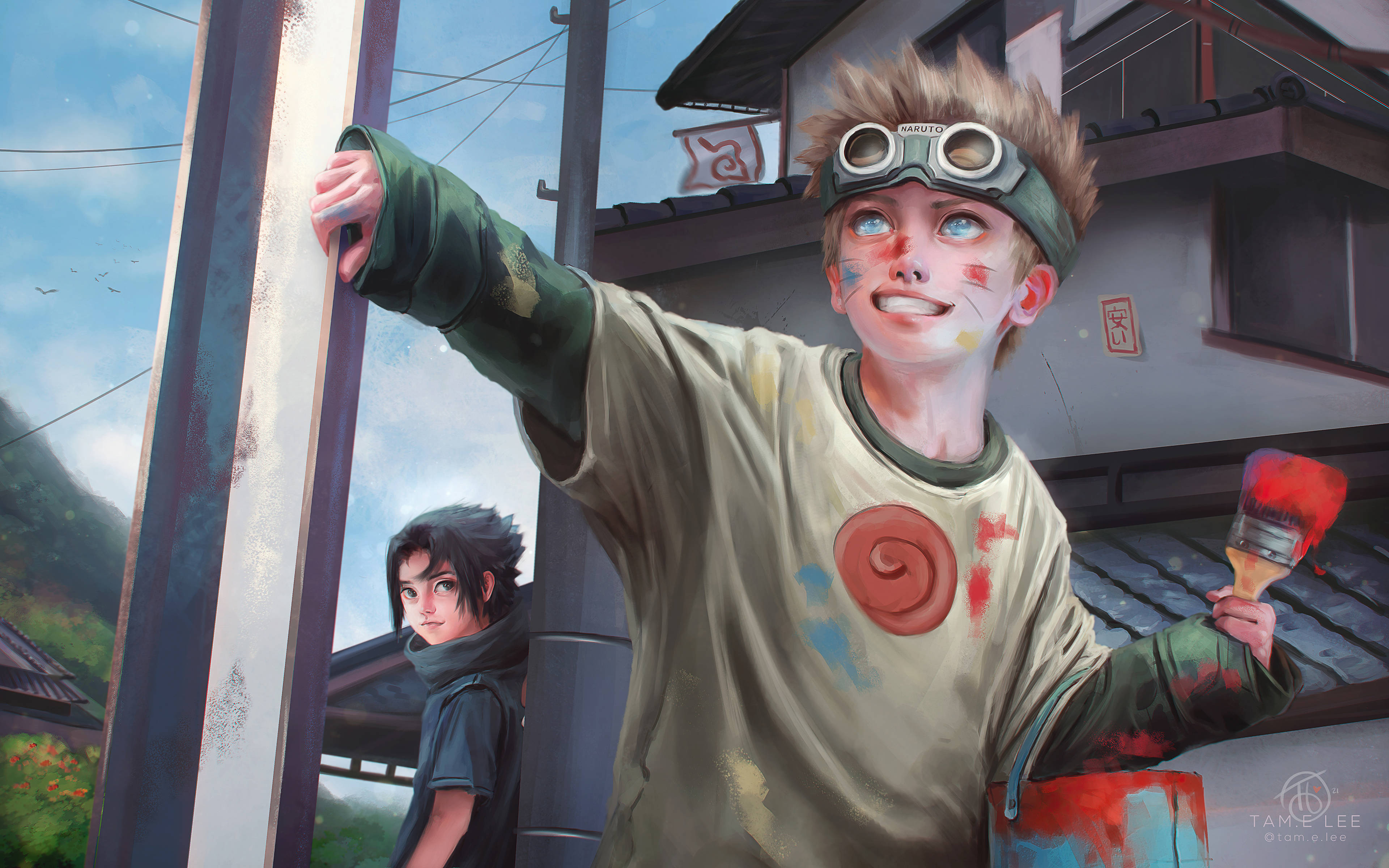 Naruto And Sasuke 桌布 壁紙 — 一個戴著護目鏡、身上有油漆漬的開心動畫男孩，一邊咧嘴笑著，一邊在村莊裡油漆一根柱子，另一個男孩在旁觀看。