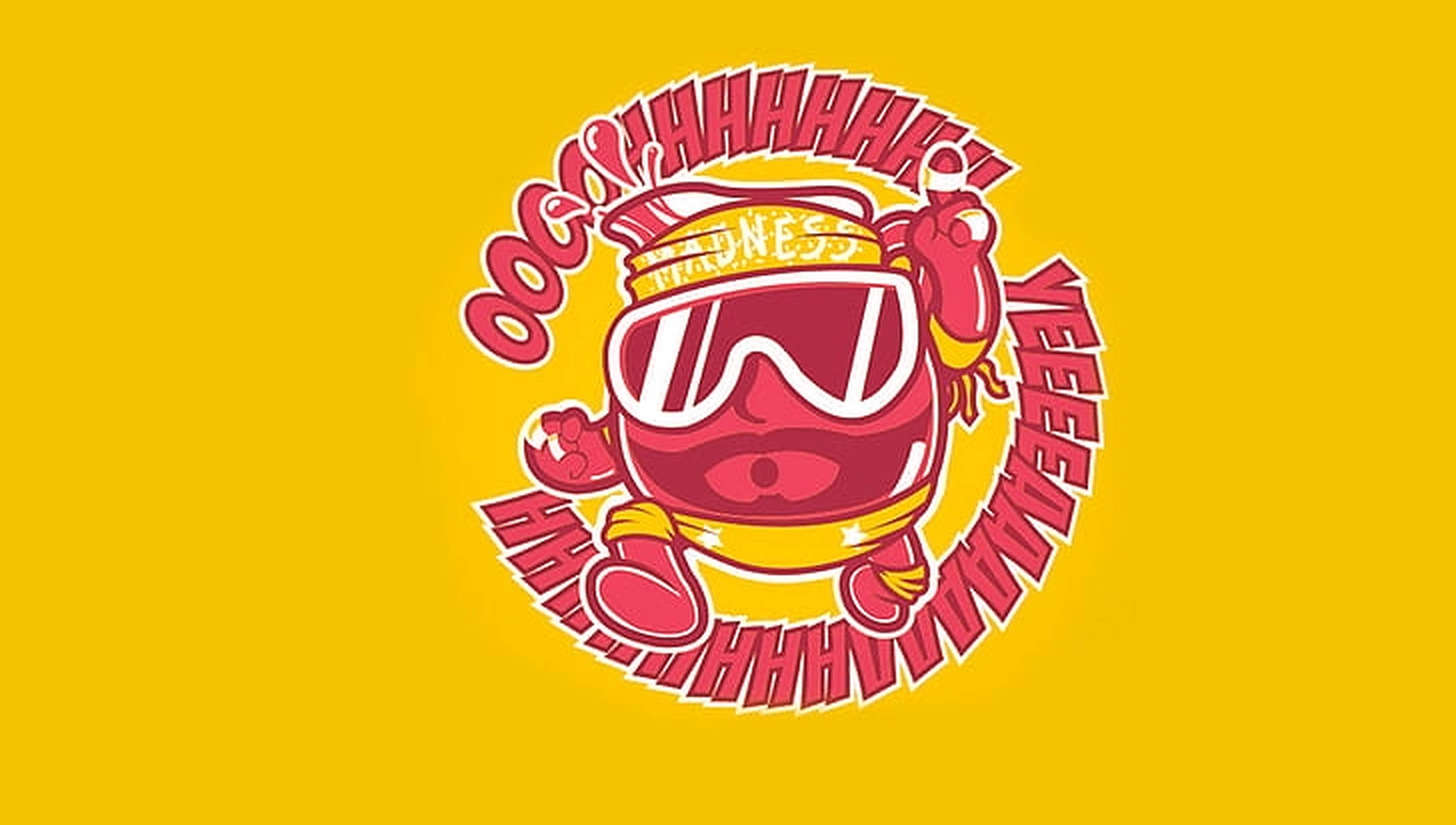 Kool Aid 小幫手 桌布 壁紙 — 一個戴著護目鏡和「瘋狂」帽子的卡通角色，在明亮的黃色背景上被紅色的「哈哈」文字包圍。