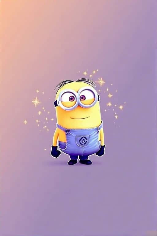 Minimalist Minion Wallpaper with Lavender-Peach Gradient and Gold Sparkles 壁紙 — 一個戴著護目鏡和工裝褲的開心黃色Minion，站在帶有閃爍星星的柔和漸變背景前。