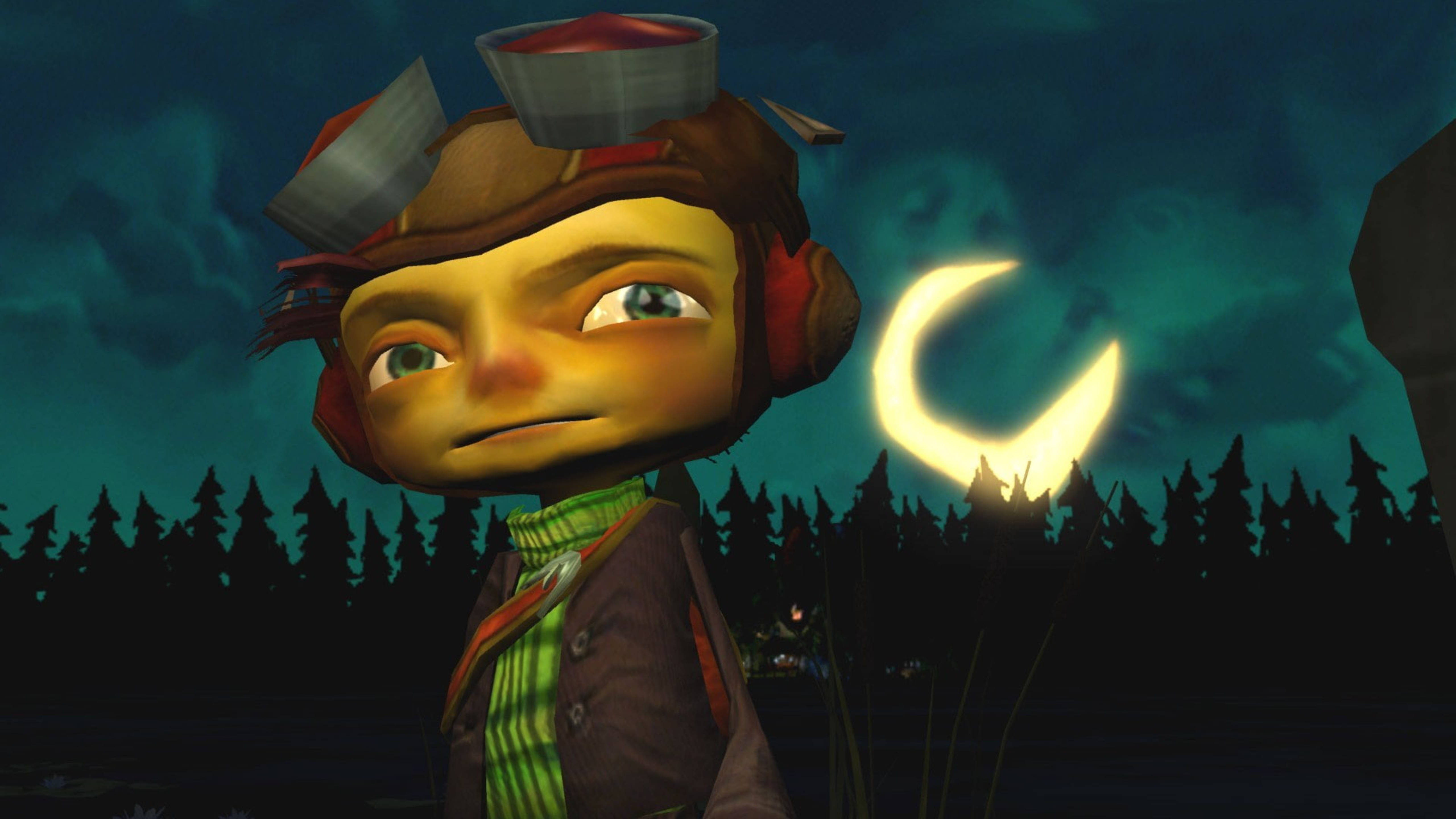 Psychonauts 桌布 壁紙 — 一個戴著護目鏡和帽子的年輕動畫角色站在發光的彎月下，背景是黑暗的森林。