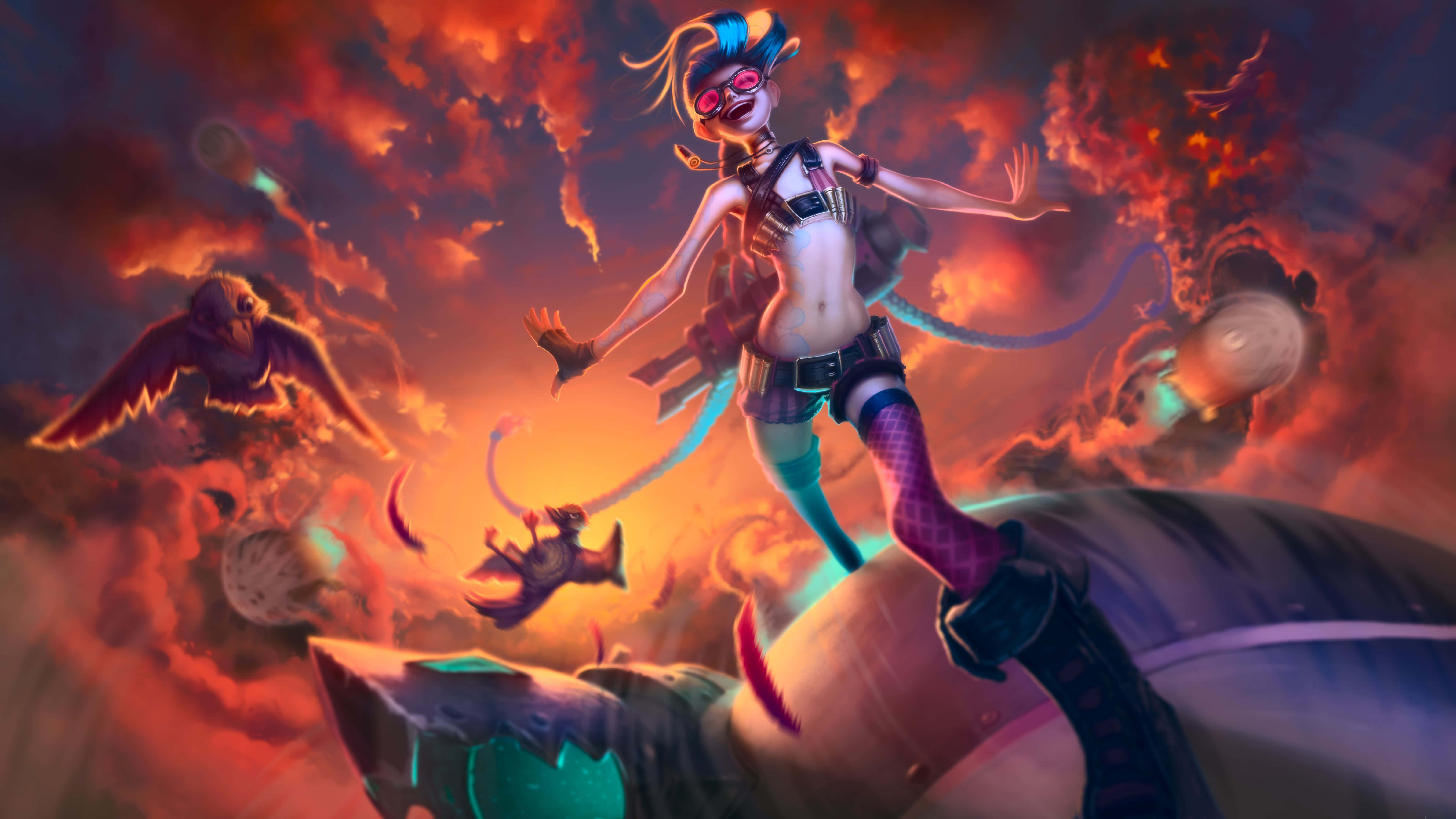Jinx 桌布 壁紙 — 一個戴著護目鏡和機械義肢的火熱動漫女孩，在充滿漂浮生物的橙紅色漩渦天空中動態跳躍。