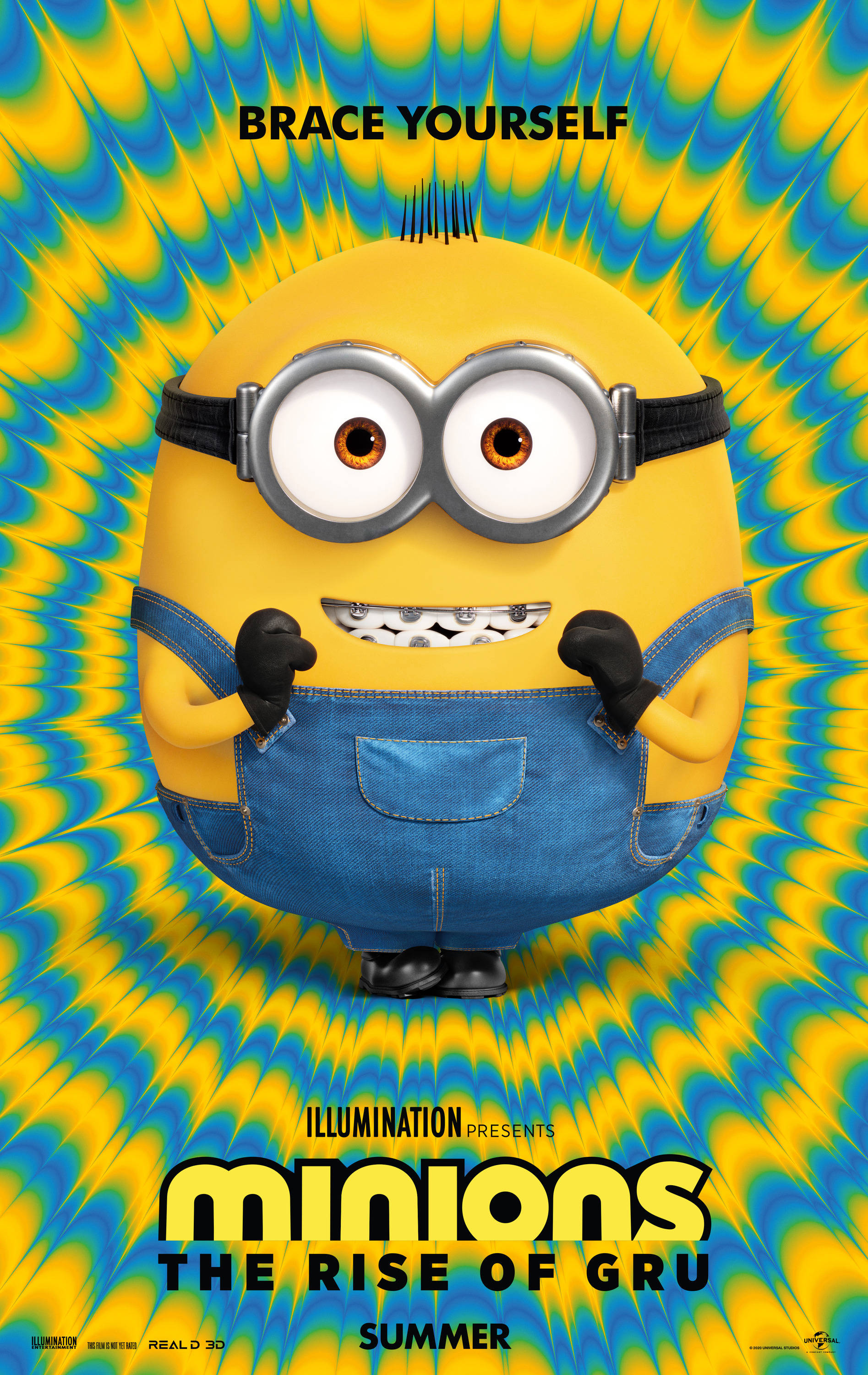 gru 桌布 壁紙 — 一個戴著護目鏡和牛仔布工裝褲的黃色Minion站在迷幻的黃藍漩渦背景前。