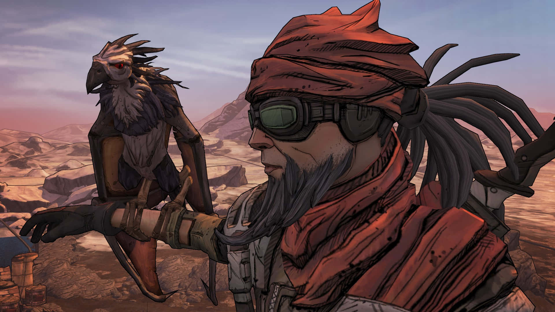 Borderlands 桌布 壁紙 — 一個戴著護目鏡和紅色頭巾的粗獷沙漠流浪者，在暮色峽谷背景下抱著一隻機械鳥。