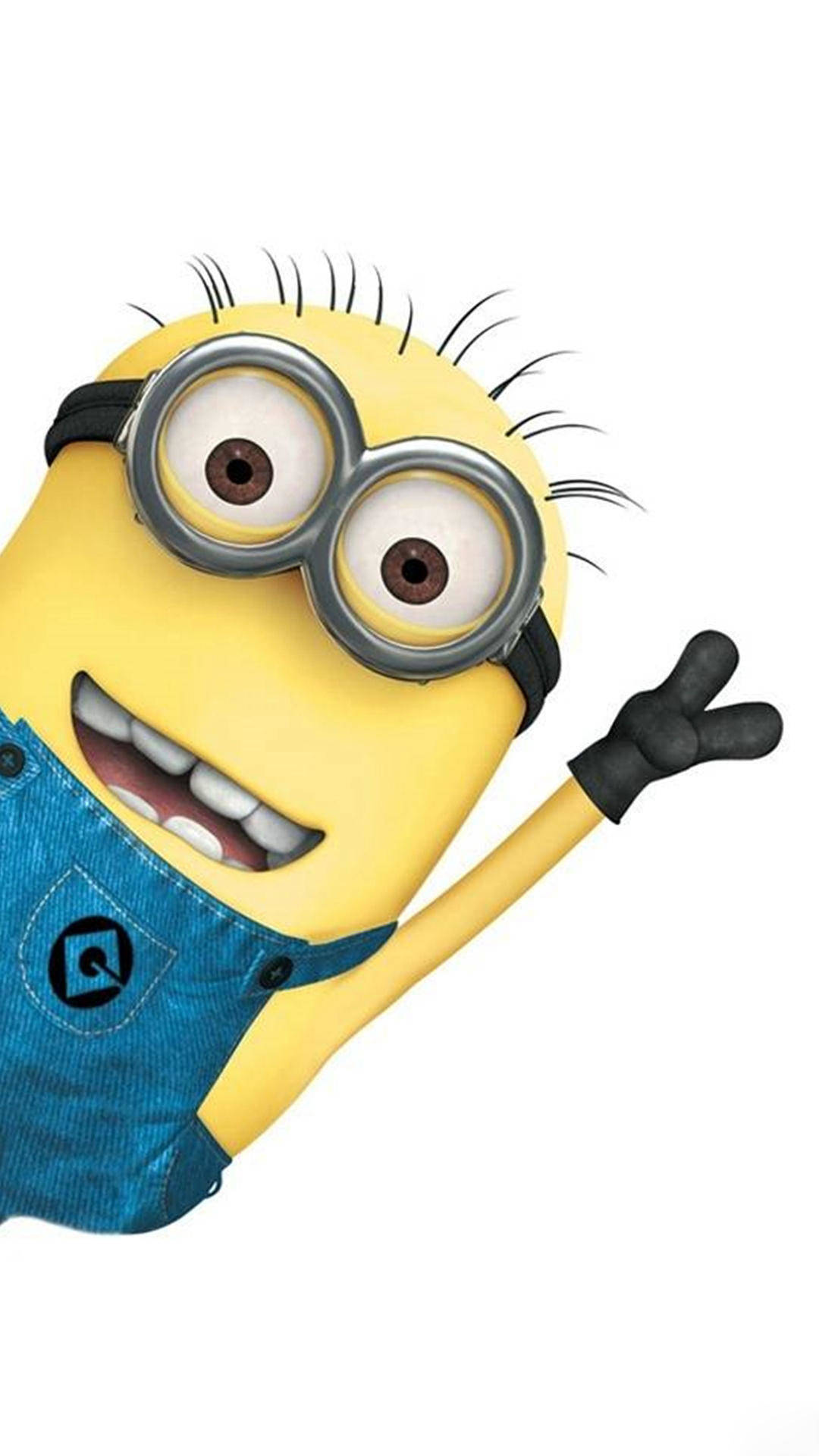 Minion Phone 桌布 壁紙 — 一個戴著護目鏡和藍色工裝褲的快樂黃色小小兵，在純白色背景上開心地揮手。