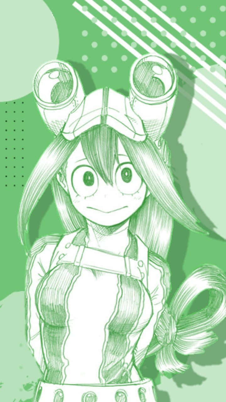 Froppy 桌布 壁紙 — 一個戴著護目鏡和蝴蝶結的開朗動漫女孩，在充滿活力的綠色幾何背景前微笑。
