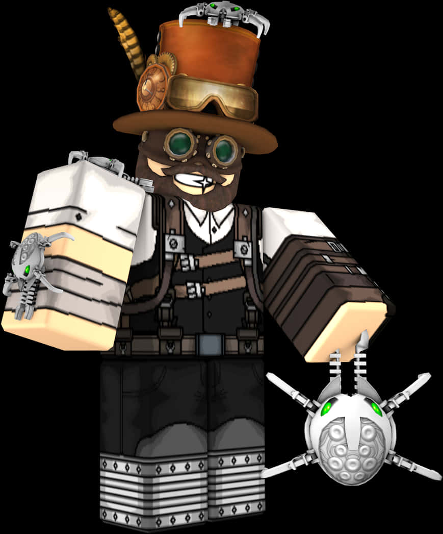 蒸氣龐克 桌布 壁紙 — 一個戴著護目鏡和高帽的蒸氣龐克Roblox角色，在黑色背景前拿著一個機械無人機。