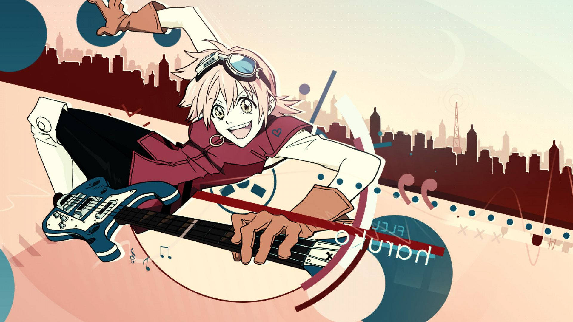 Flcl 桌布 壁紙 — 一個戴著護目鏡的開朗動漫吉他手，在風格化的城市天際線背景下彈奏藍色電吉他。