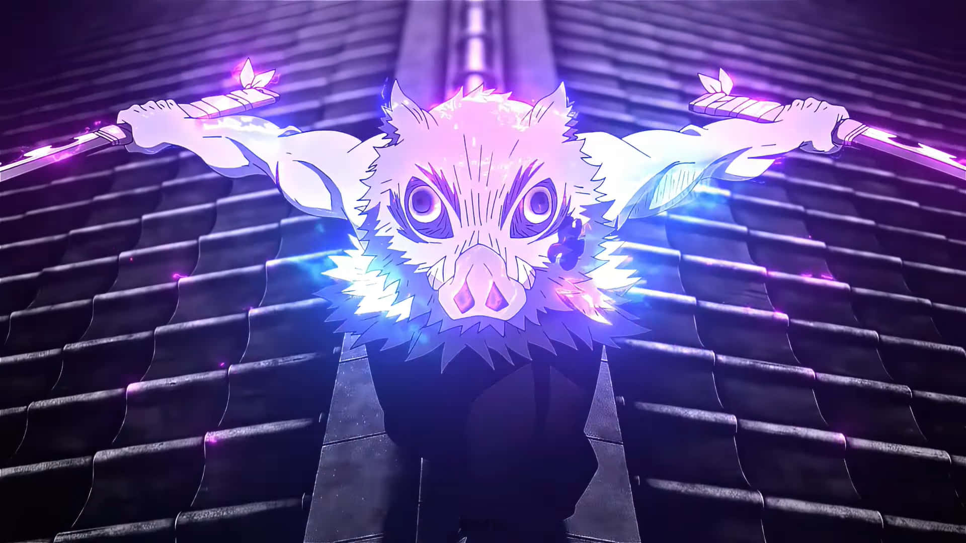 Inosuke Aesthetic 桌布 壁紙 — 一個戴著豬面具、手持發光劍的動漫角色，站在深色瓦片屋頂上，沐浴在霓虹紫光中。
