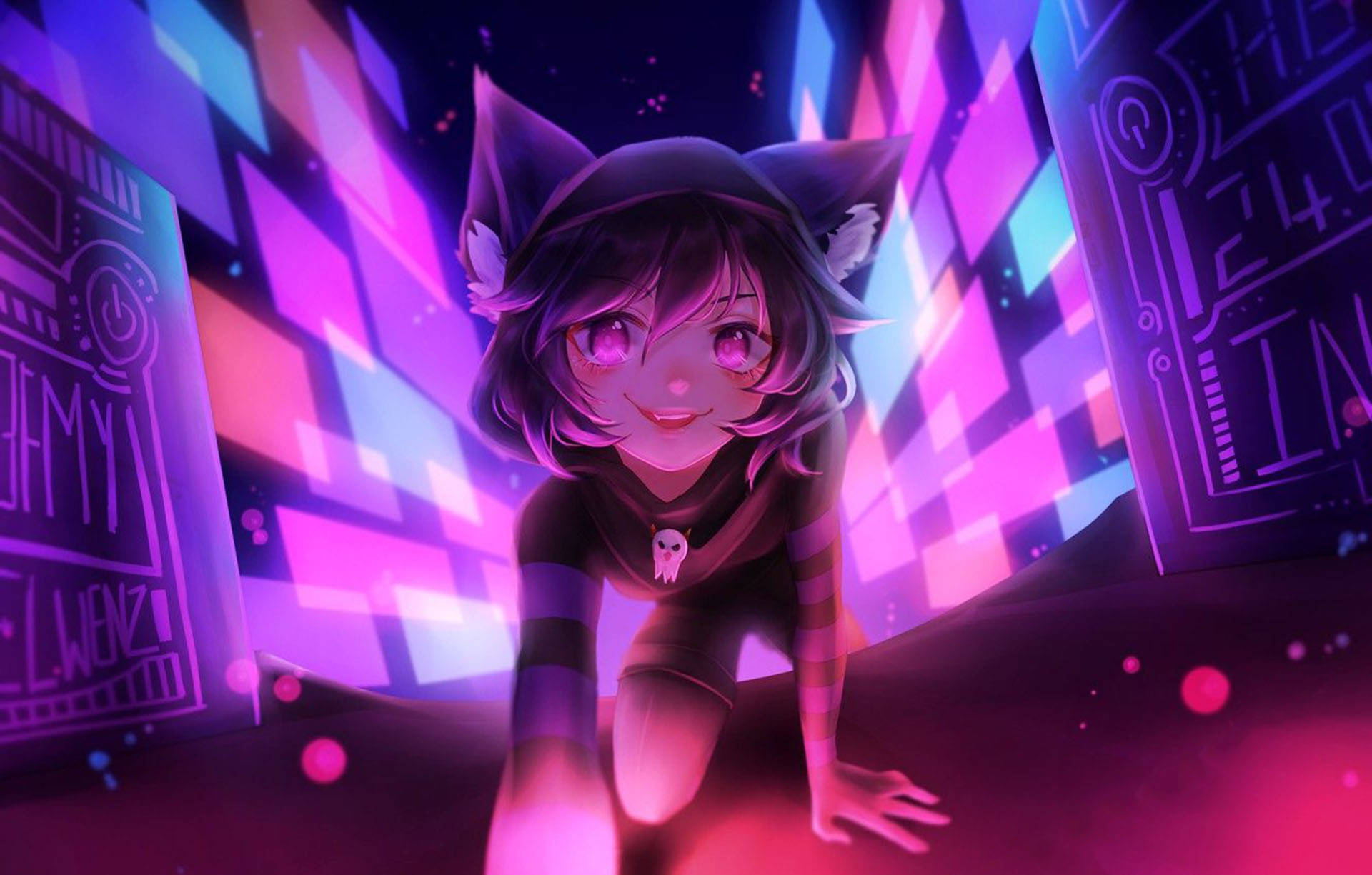 Vrchat 桌布 壁紙 — 一個戴著貓耳、眼睛發出粉紅光芒的可愛動漫女孩蹲在霓虹燈照亮的數位隧道中。