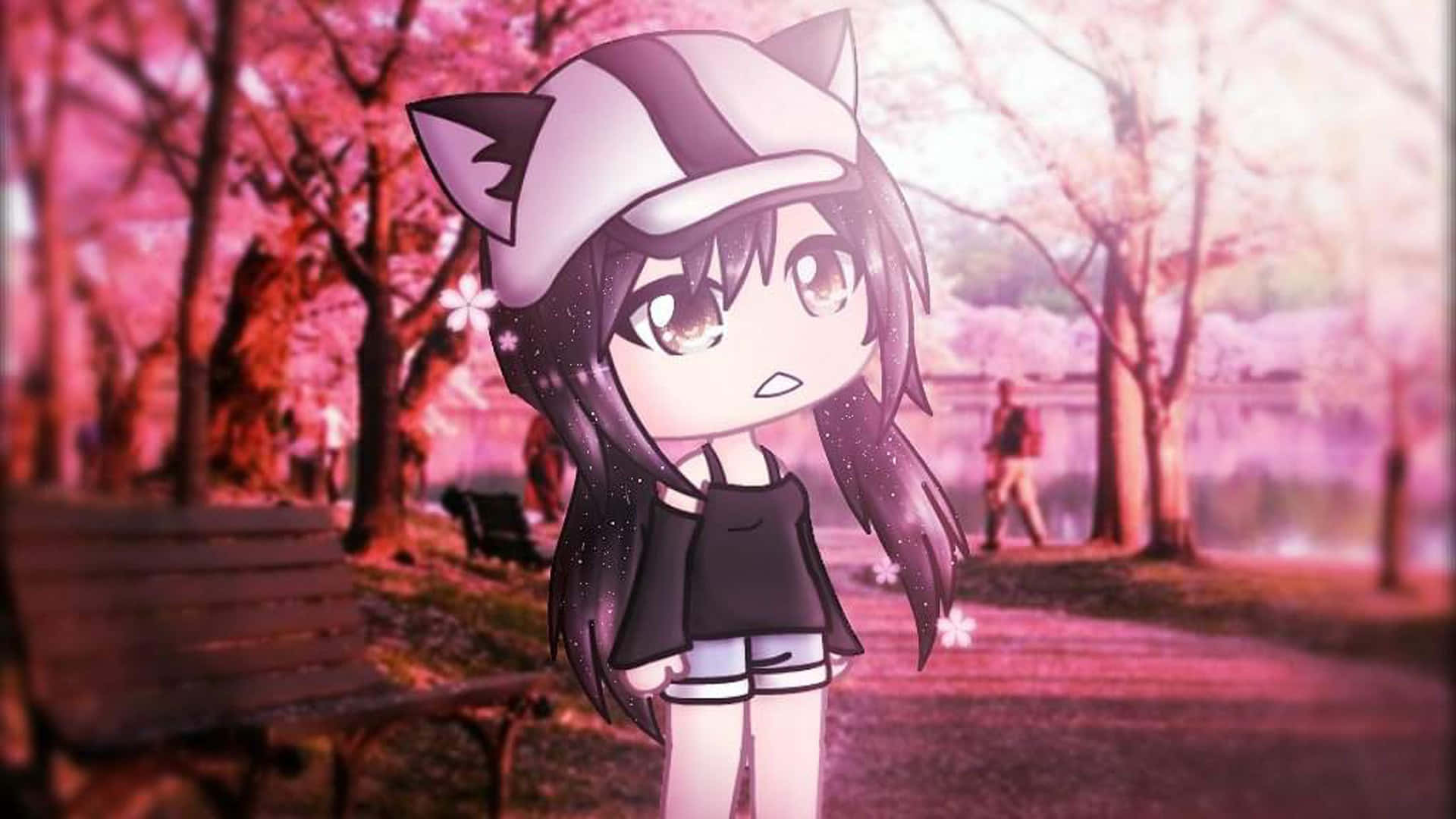 Gacha Life 桌布 壁紙 — 一個戴著貓耳和帽子的Q版動漫女孩，站在粉紅色的櫻花公園裡，沐浴在柔和的光芒下。