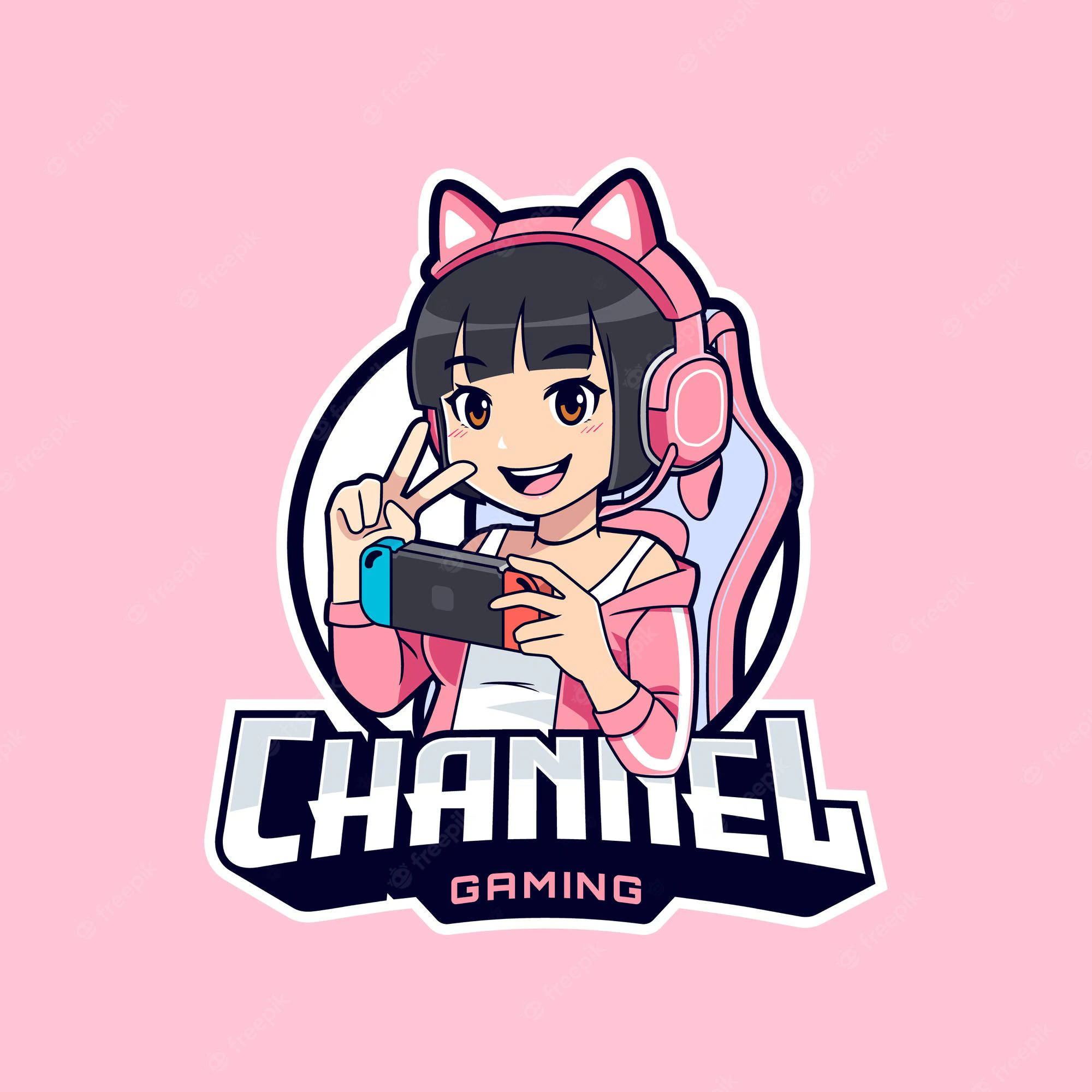 Gamer Logo 桌布 壁紙 — 一個戴著貓耳和粉紅色耳機的開朗動漫女孩，在柔和的粉紅色背景前拿著遊戲機並比出和平手勢。