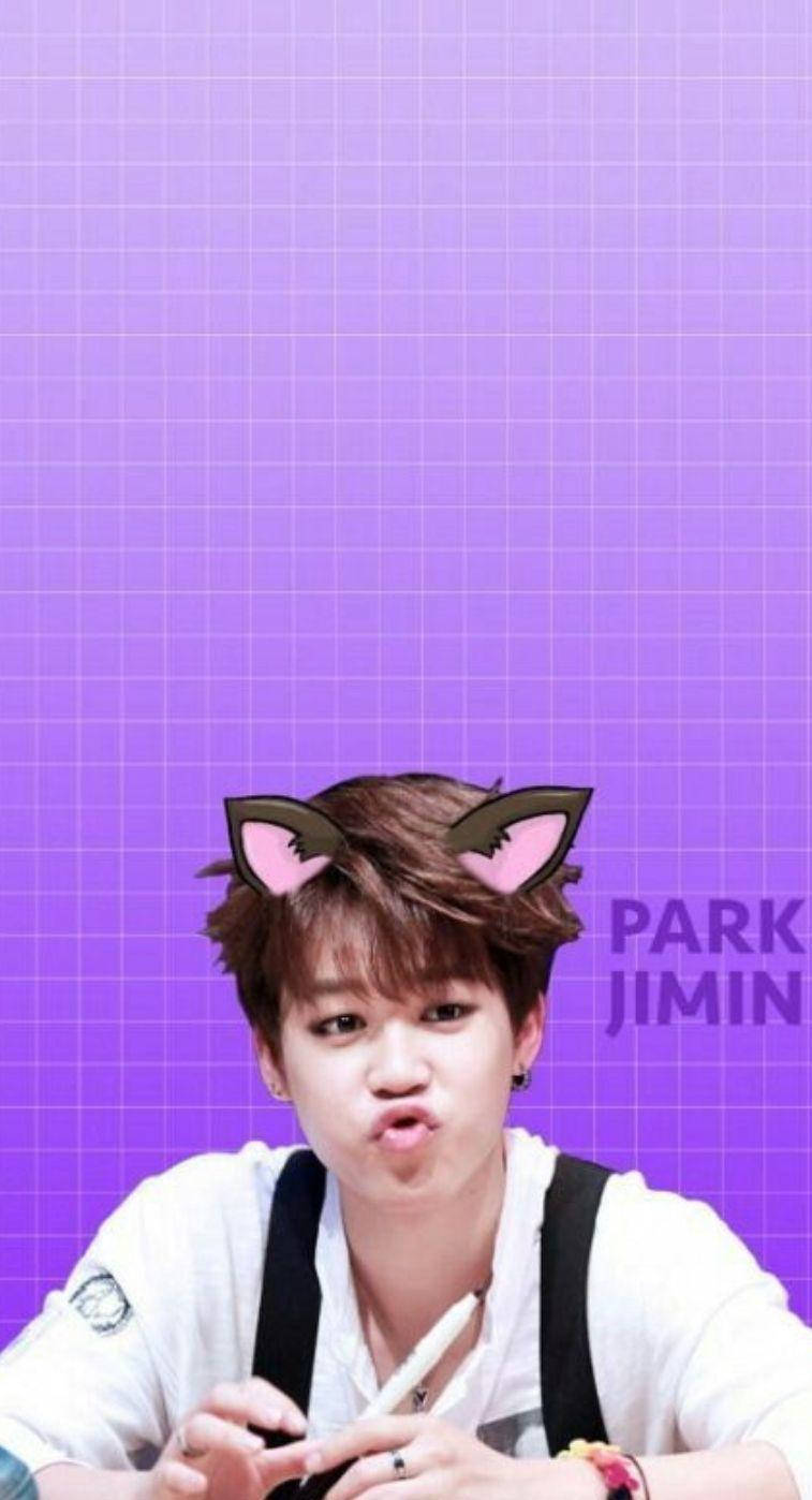 Jimin Aesthetic 桌布 壁紙 — 一個戴著貓耳朵的年輕男子在紫色網格背景前做出俏皮的嘟嘴表情。