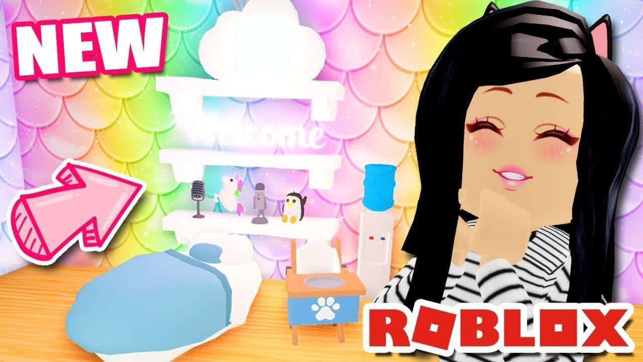 Roblox 桌布 壁紙 — 一個戴著貓耳的開朗Roblox虛擬角色在充滿活力的彩虹色房間中微笑，房間內有床、書桌和歡迎架。