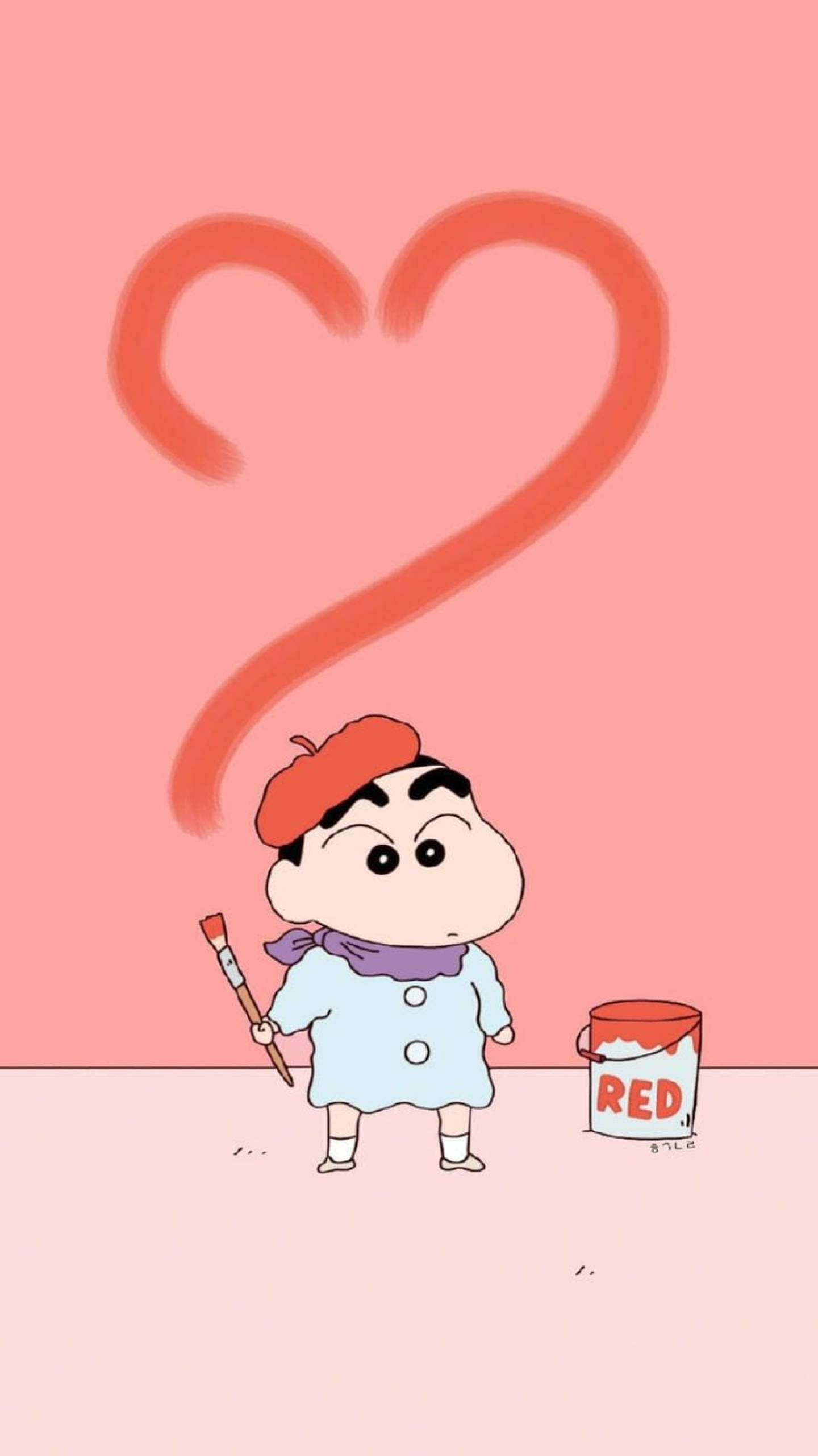 shinchan 桌布 壁紙 — 一個戴著貝雷帽、穿著畫家服的卡通男孩站在一個紅色油漆桶旁邊，剛剛在頭頂上畫了一個大愛心。