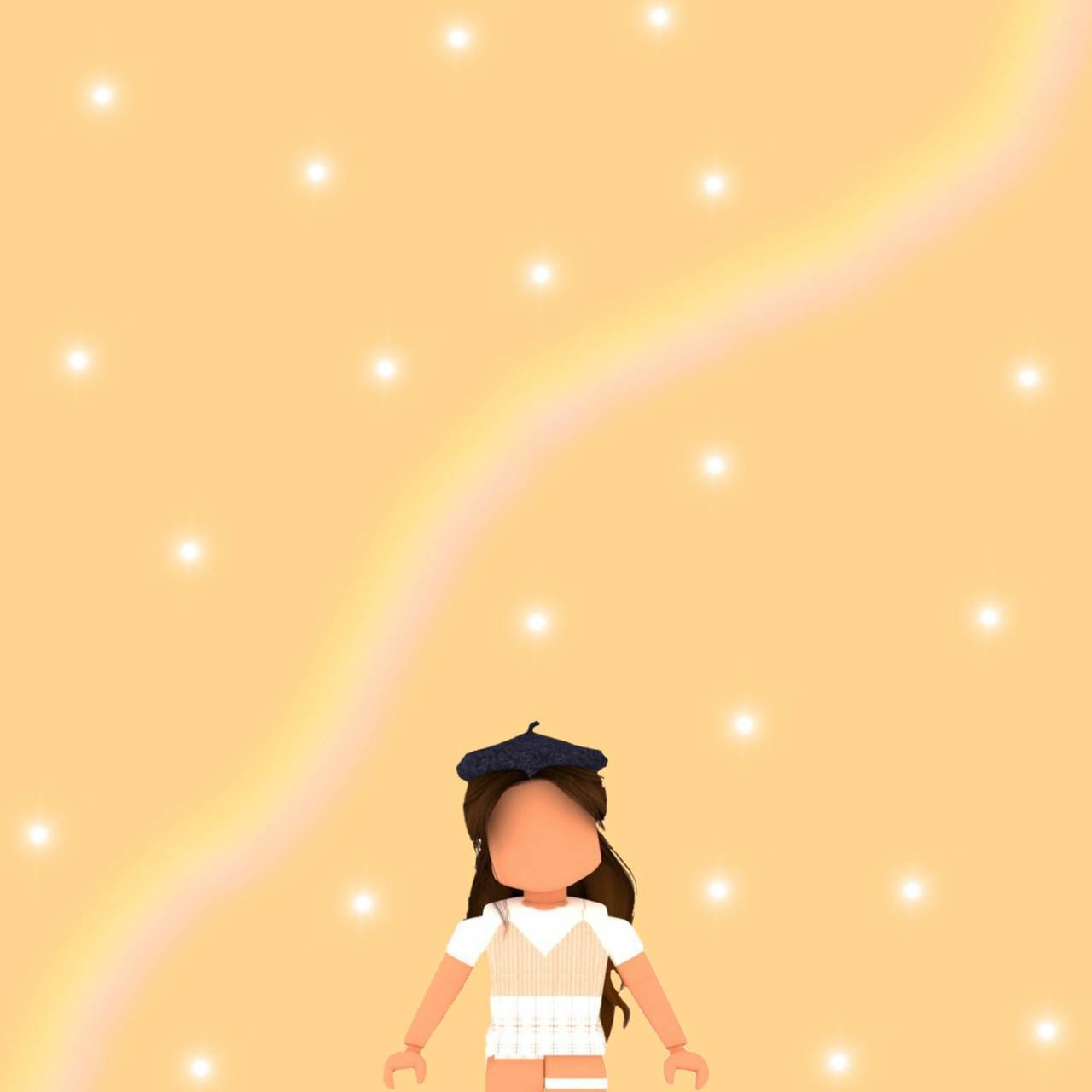 Roblox 桌布 壁紙 — 一個戴著貝雷帽的風格化頭像，站在閃爍星星和耀眼彎曲光束點綴的發光金色天空下。