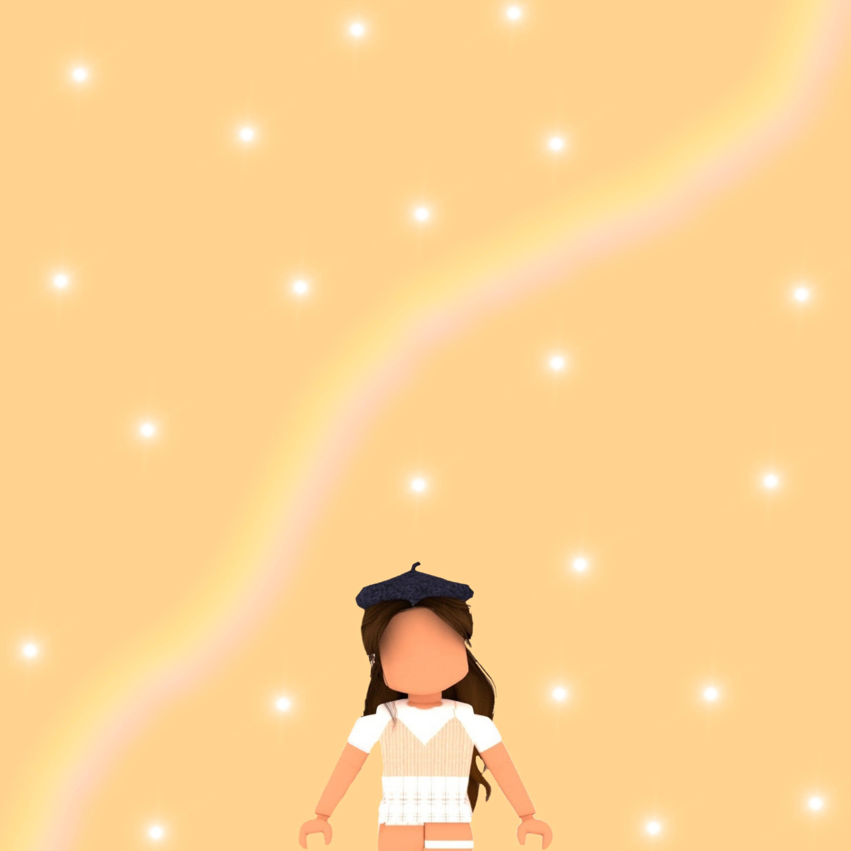 Roblox 桌布 壁紙 — 一個戴著貝雷帽的風格化頭像站在閃爍星星和耀眼彎曲光束點綴的發光金色天空下。