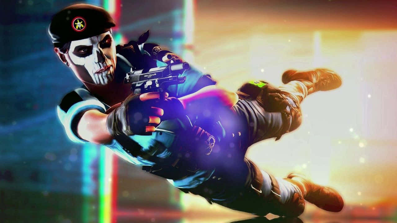 Rainbow Six Siege Caveira 桌布 壁紙 — 一個戴著貝雷帽的骷髏臉士兵穿過霓虹燈照亮的空氣，一邊開槍射擊，手槍帶有發光的能量效果。