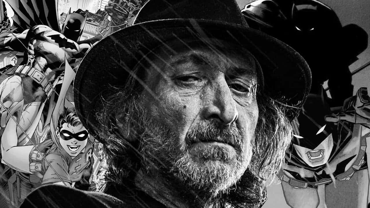 Frank Miller 桌布 壁紙 — 一個戴著費多拉帽的鬍鬚男人被漫畫蝙蝠俠角色包圍的黑白肖像。