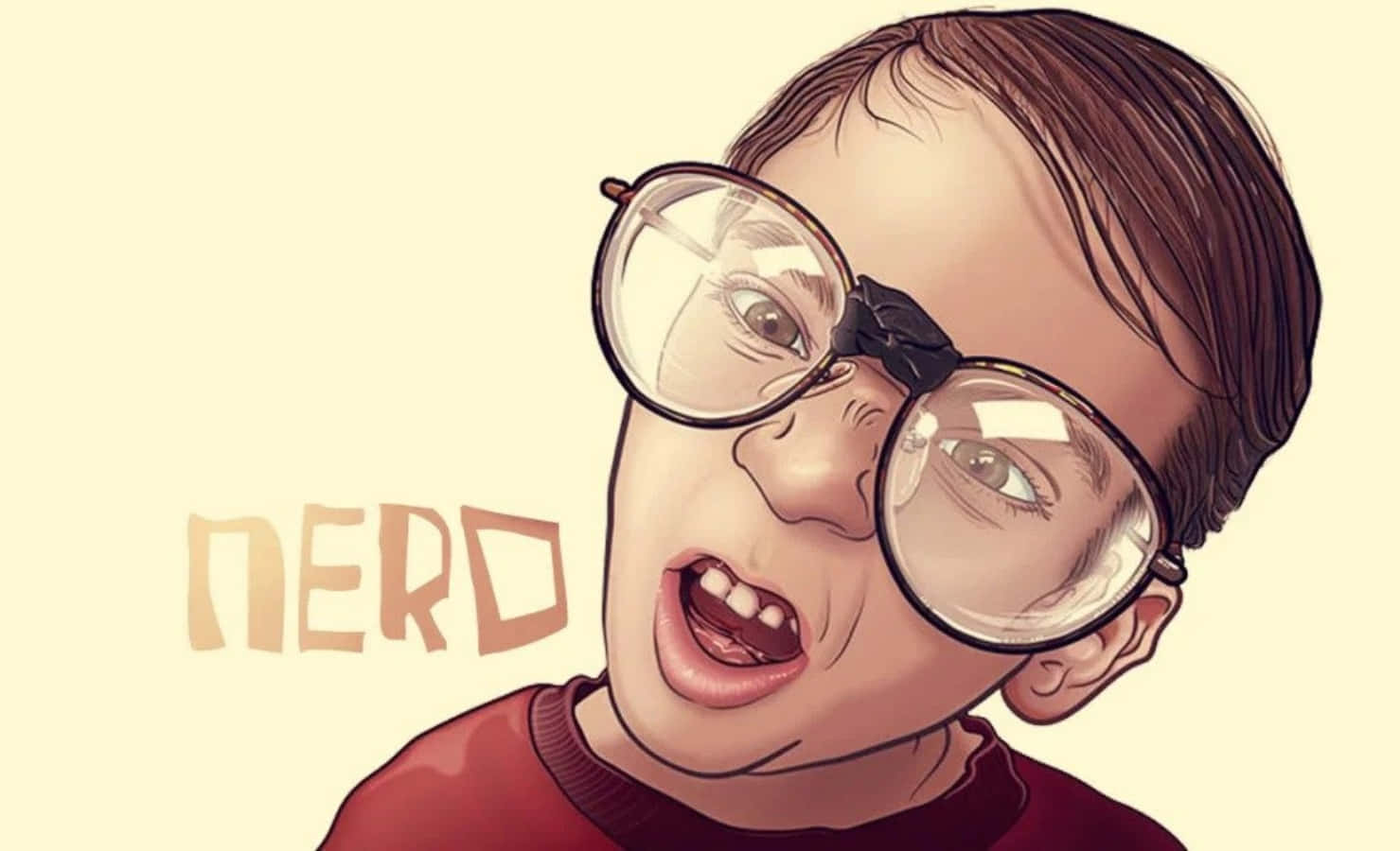 Nerd 桌布 壁紙 — 一個戴著超大眼鏡的男孩的卡通插圖，旁邊用粗體字喊出「NERD」這個詞。