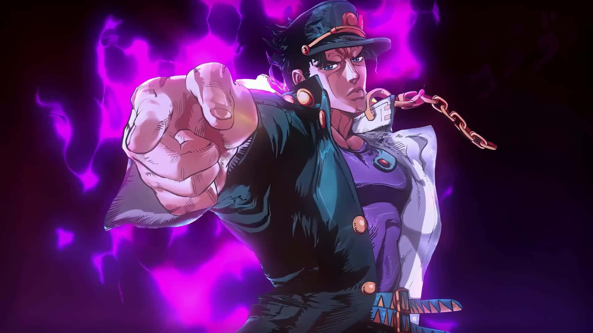 Jojo 桌布 壁紙 — 一個戴著軍帽、意志堅定的動漫角色向前指，身後有發光的紫色能量在劈啪作響。