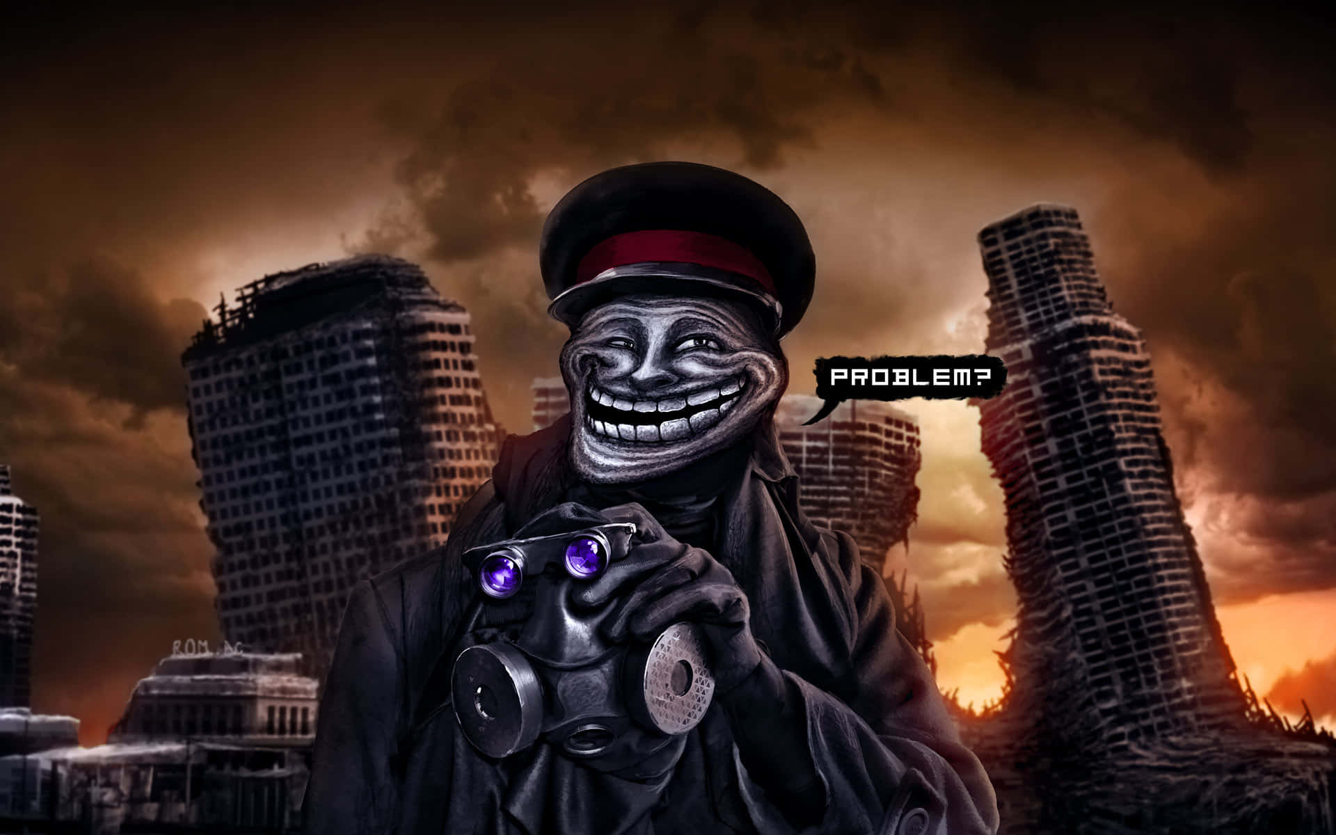 meme 桌布 壁紙 — 一個戴著軍帽、面露威脅笑容的男人，在熾熱橙色天空下，以廢墟中的摩天大樓為背景，手持望遠鏡。