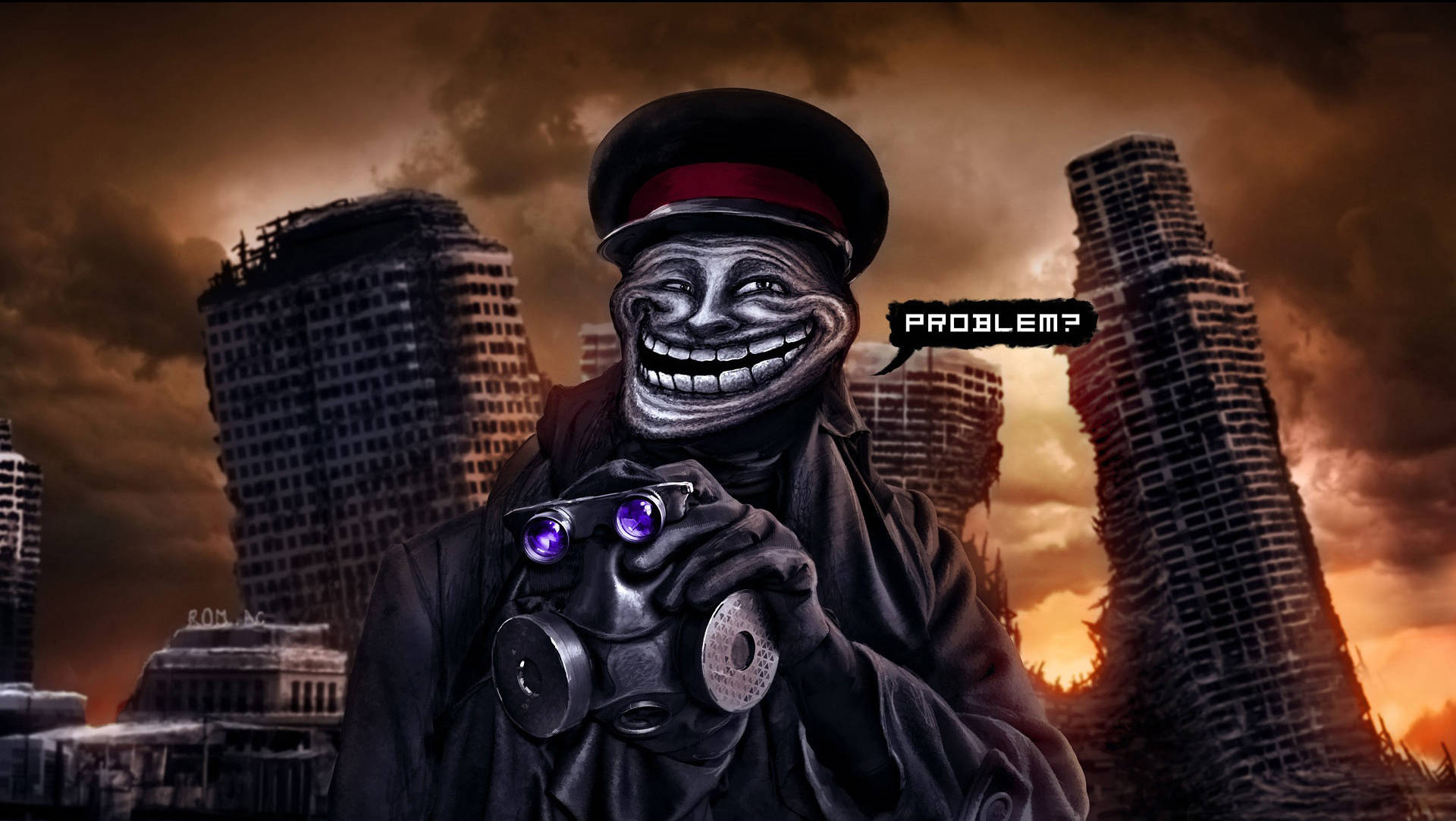 meme 桌布 壁紙 — 一個戴著軍帽的可怕巨魔般人物，在火橙色天空下，以廢墟摩天大樓為背景，手持雙筒望遠鏡。