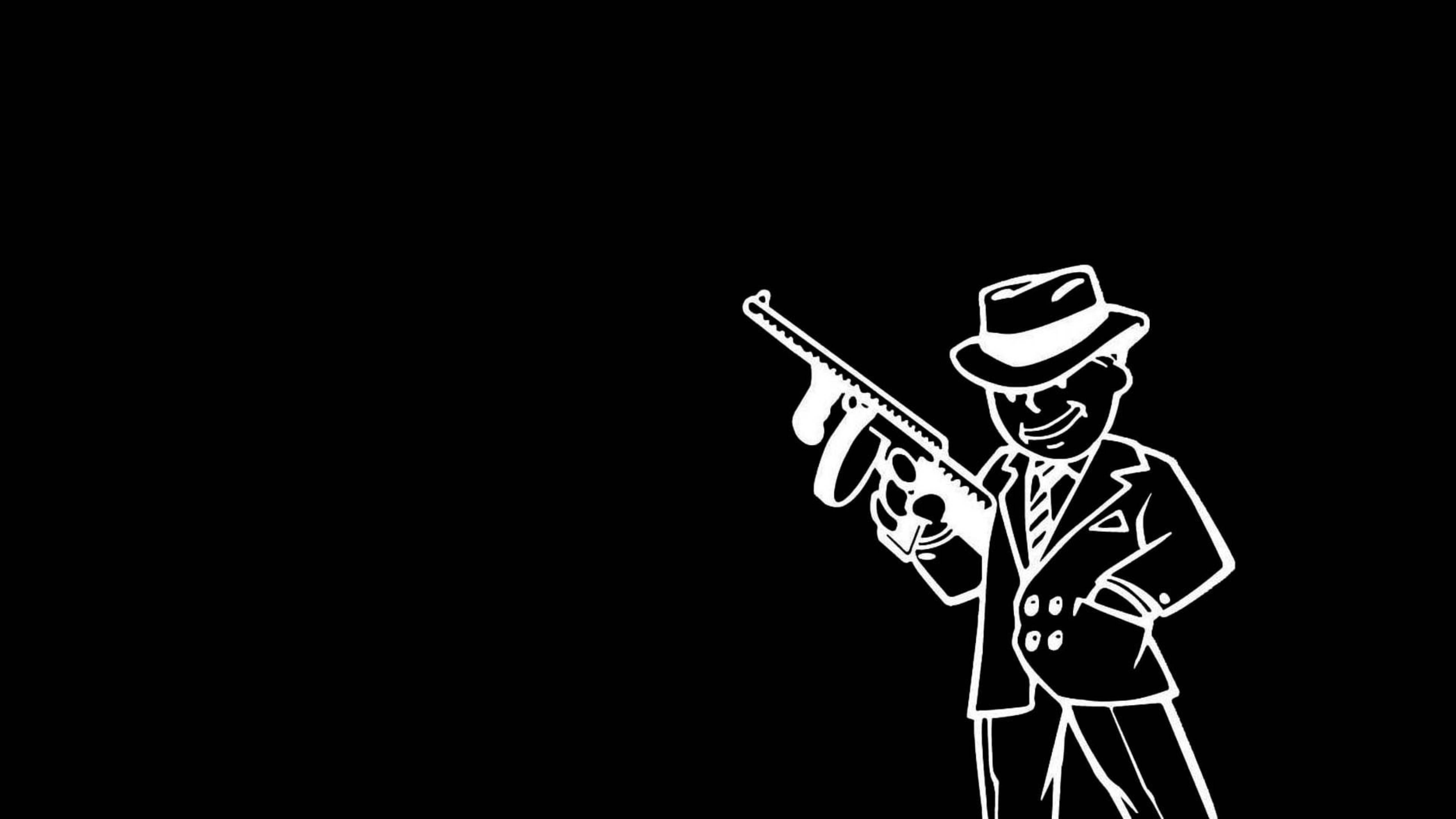 Fallout 4 桌布 壁紙 — 一個戴著軟呢帽、微笑的黑幫分子手持衝鋒槍的清晰白色線條藝術剪影，背景為純黑色。