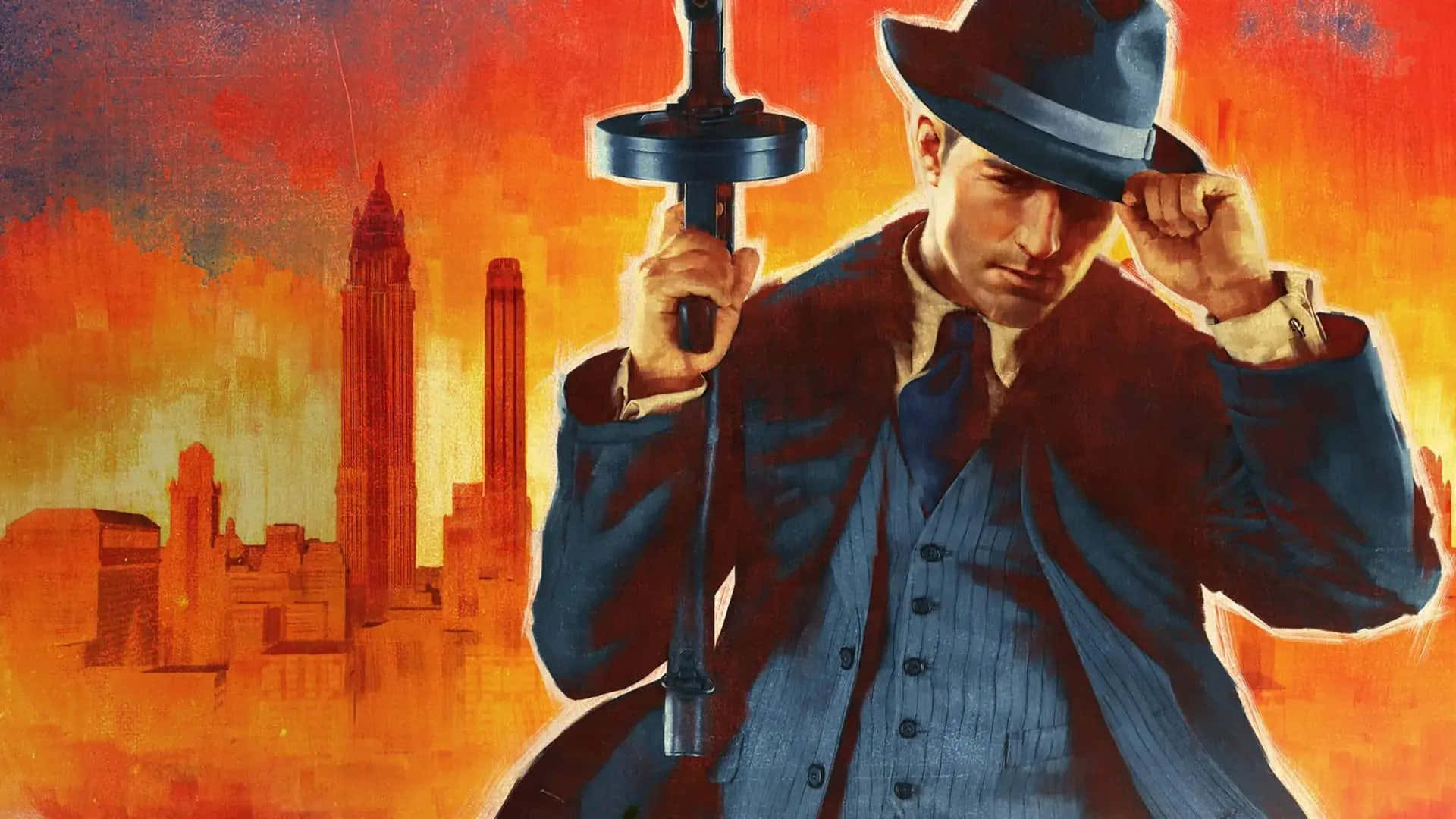 Mafia 桌布 壁紙 — 一個戴著軟呢帽、穿著西裝的男人，在火紅橙色的城市天際線前舉著一把劍。