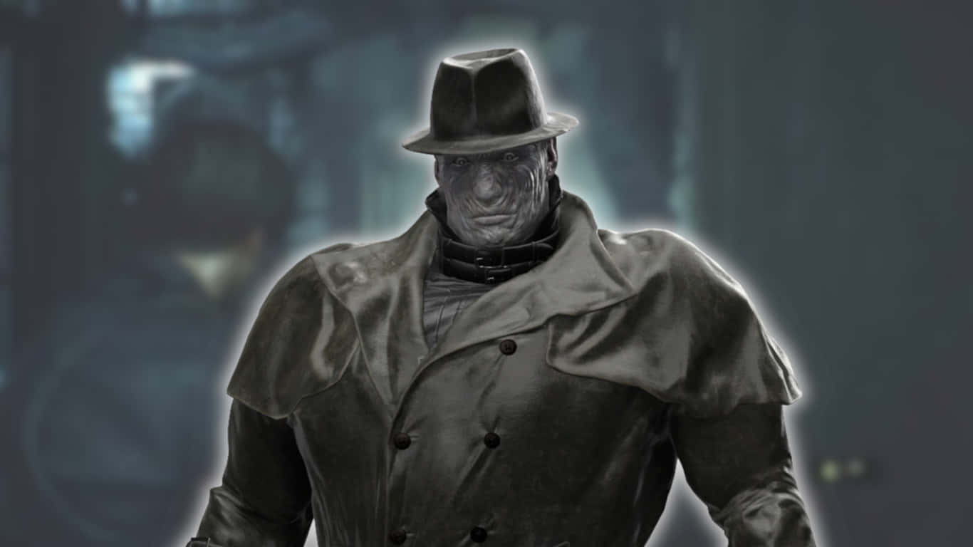 1366x768 Resident Evil 2 桌布 壁紙 — 一個戴著軟呢帽、穿著風衣的可怕人物，站在昏暗、有霧的城市小巷中，散發著發光的光環。