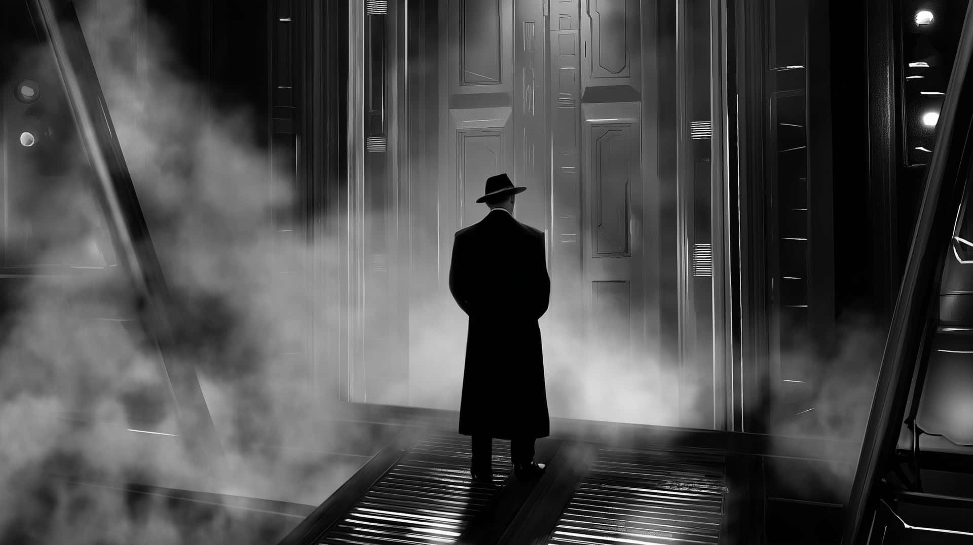 Solitary Figure in Trench Coat Before Towering Doors 壁紙 — 一個戴著軟呢帽、穿著風衣的孤獨男子，站在煙霧瀰漫的未來風格走廊中，面對一扇發光的門。