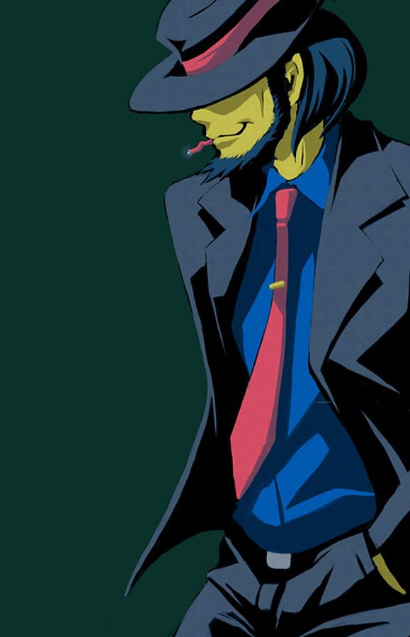Lupin 桌布 壁紙 — 一個戴著軟呢帽、身穿西裝的風格化動漫男子在深綠色背景前抽煙。