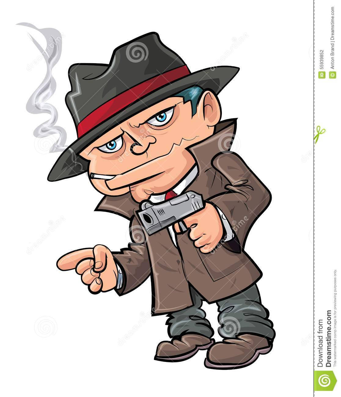 Gangsta Cartoon 桌布 壁紙 — 一個戴著軟呢帽和 trench coat 的卡通黑幫，一邊抽煙一邊用槍指著，露出兇惡的笑容。