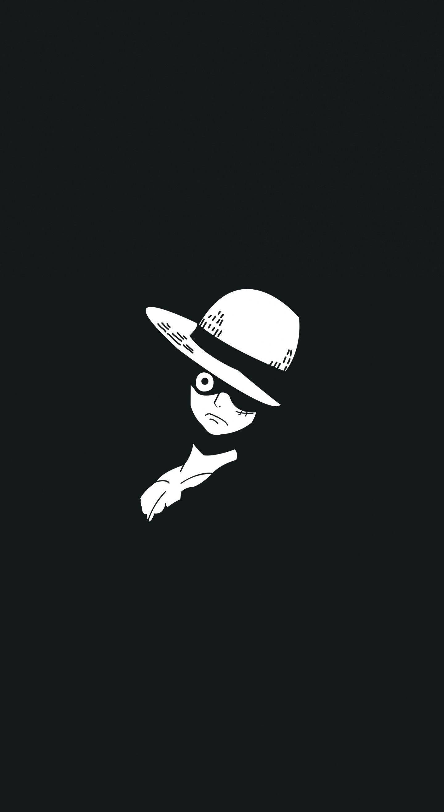 海賊王 桌布 壁紙 — 一個戴著軟呢帽和單片眼鏡的極簡白色線條人物在純黑背景上向前指。